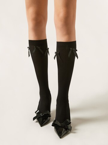CALZEDONIA Knee High Socks 'BOWS' in Black