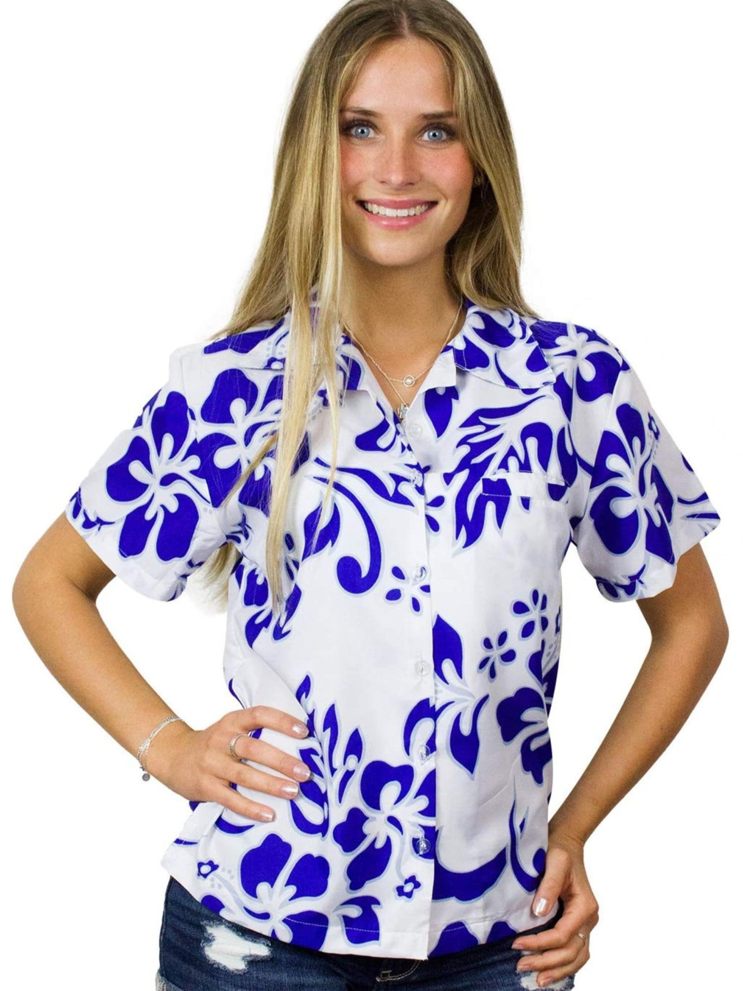 Camicia da donna 'Hibiscus White Line' di King Kameha in blu: frontale