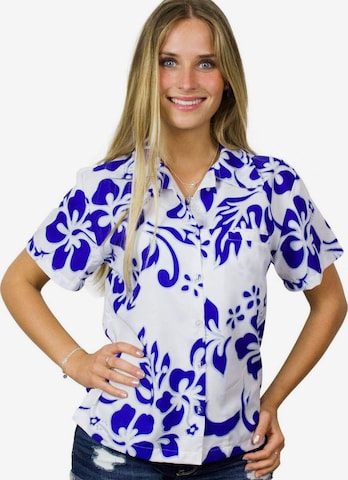 Camicia da donna 'Hibiscus White Line' di King Kameha in blu: frontale