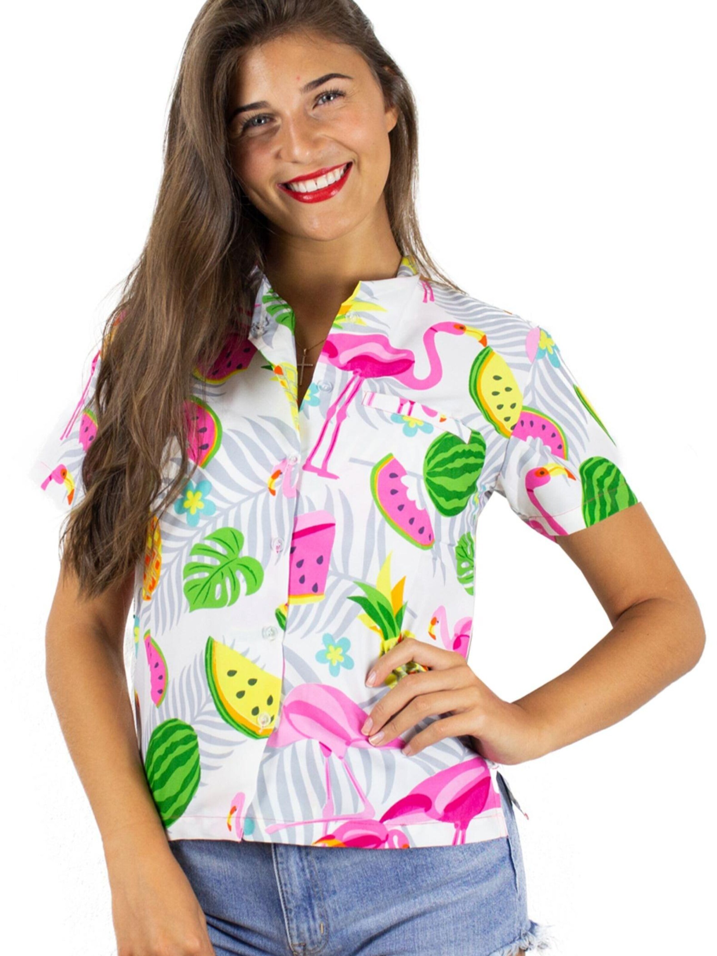 Camicia da donna 'Flamingo Melone' di King Kameha in bianco: frontale