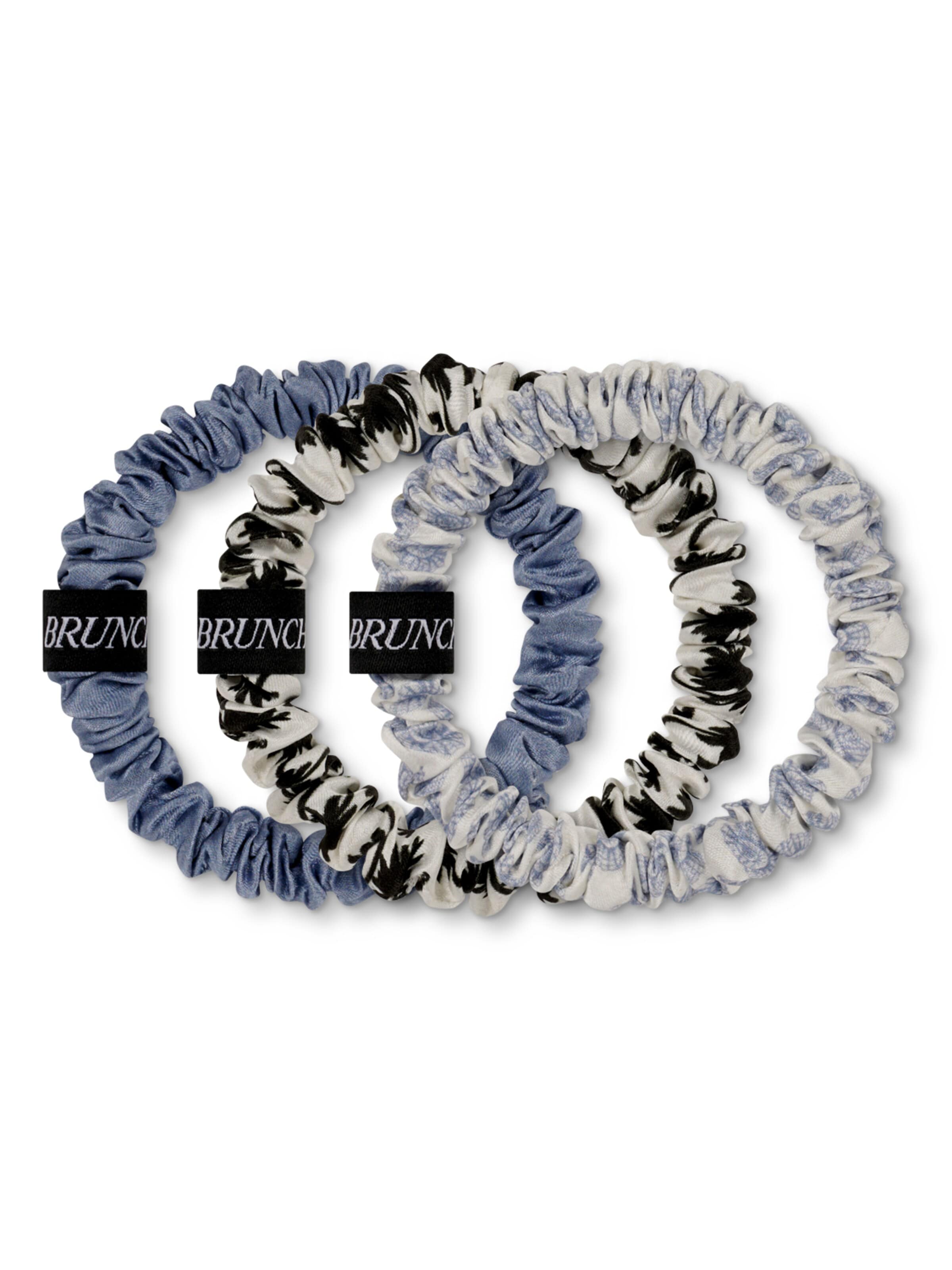 BRUNCHIES® Hair jewelry 'BRUNCHIE® "Holiday Edition" Seiden Scrunchie Set aus feinster Maulbeerseide - perfektes Urlaubs-Accessoire' in 10 x 10 cm in Dusty blue / Blue denim / White, Item view