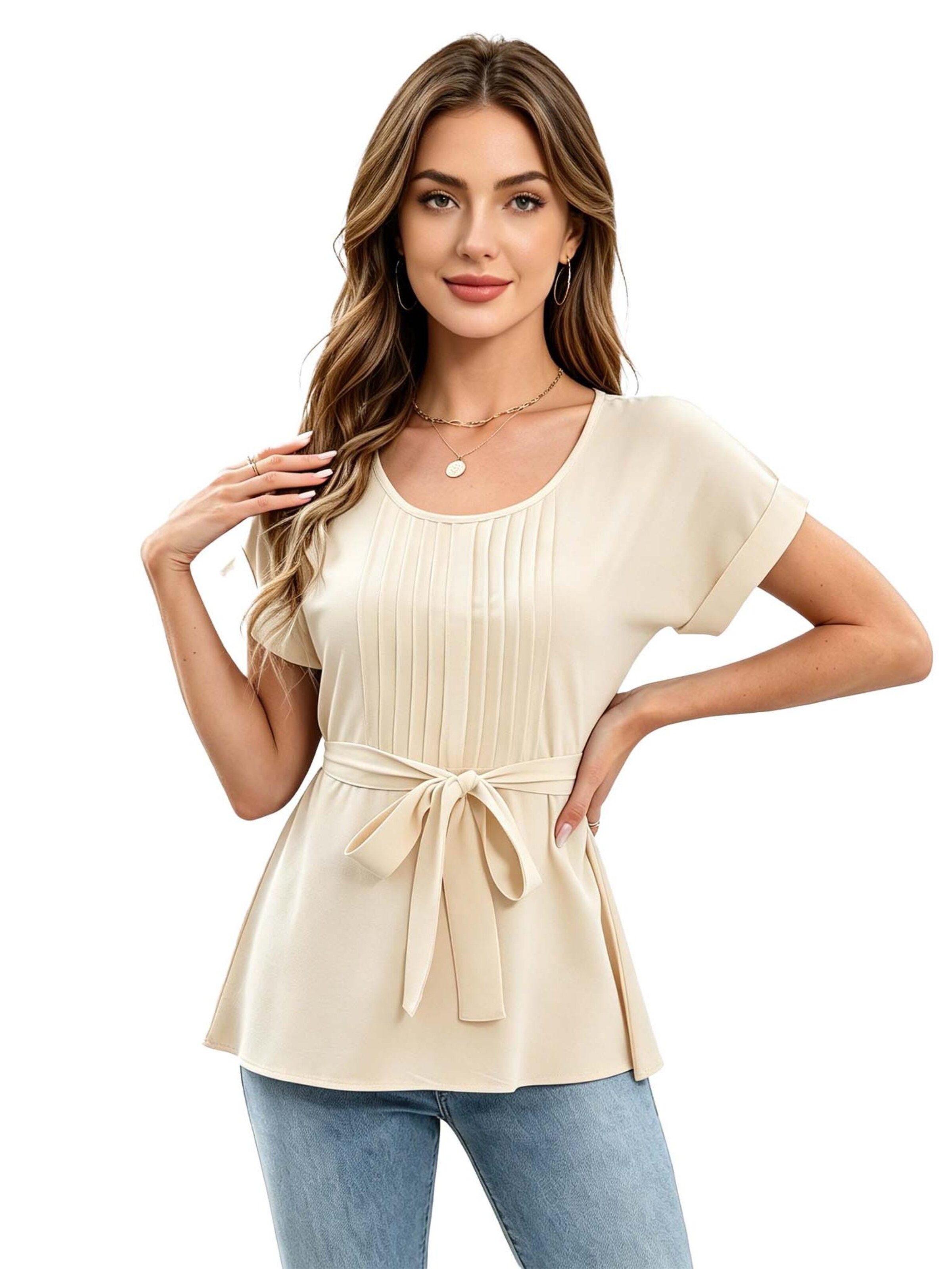 KoJooin Bluse 'Damen-T-Shirts, Kurzarm, Sommertops, plissiert,mit Bindeband vorne, lässige Blusen, Kleidung'‌ in Beige