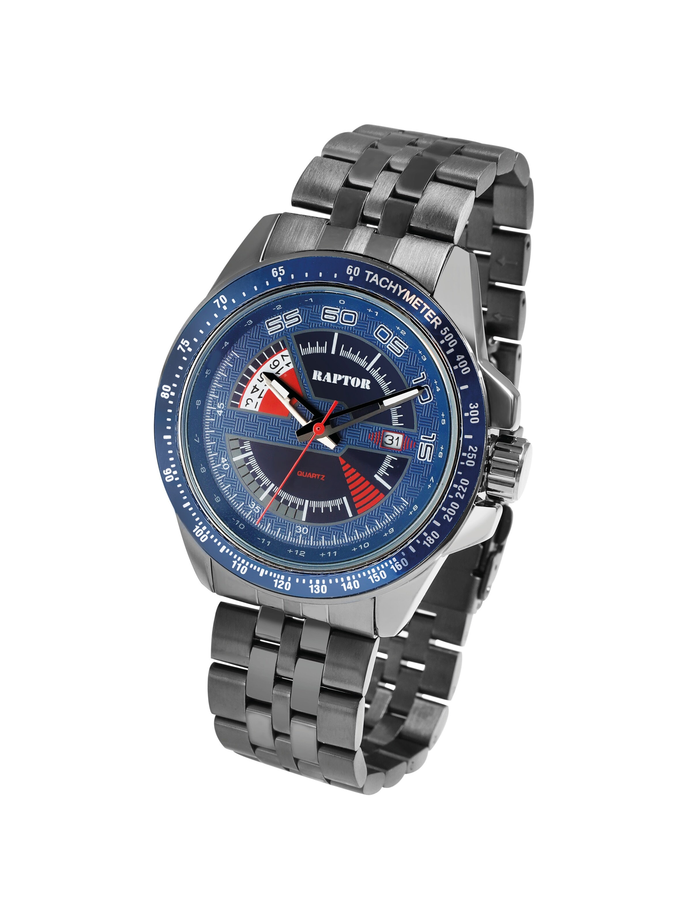 Raptor Analog Watch 'aus Edelstahl mit Datumsanzeige und Tachymeter, kürzbar' in Black: front