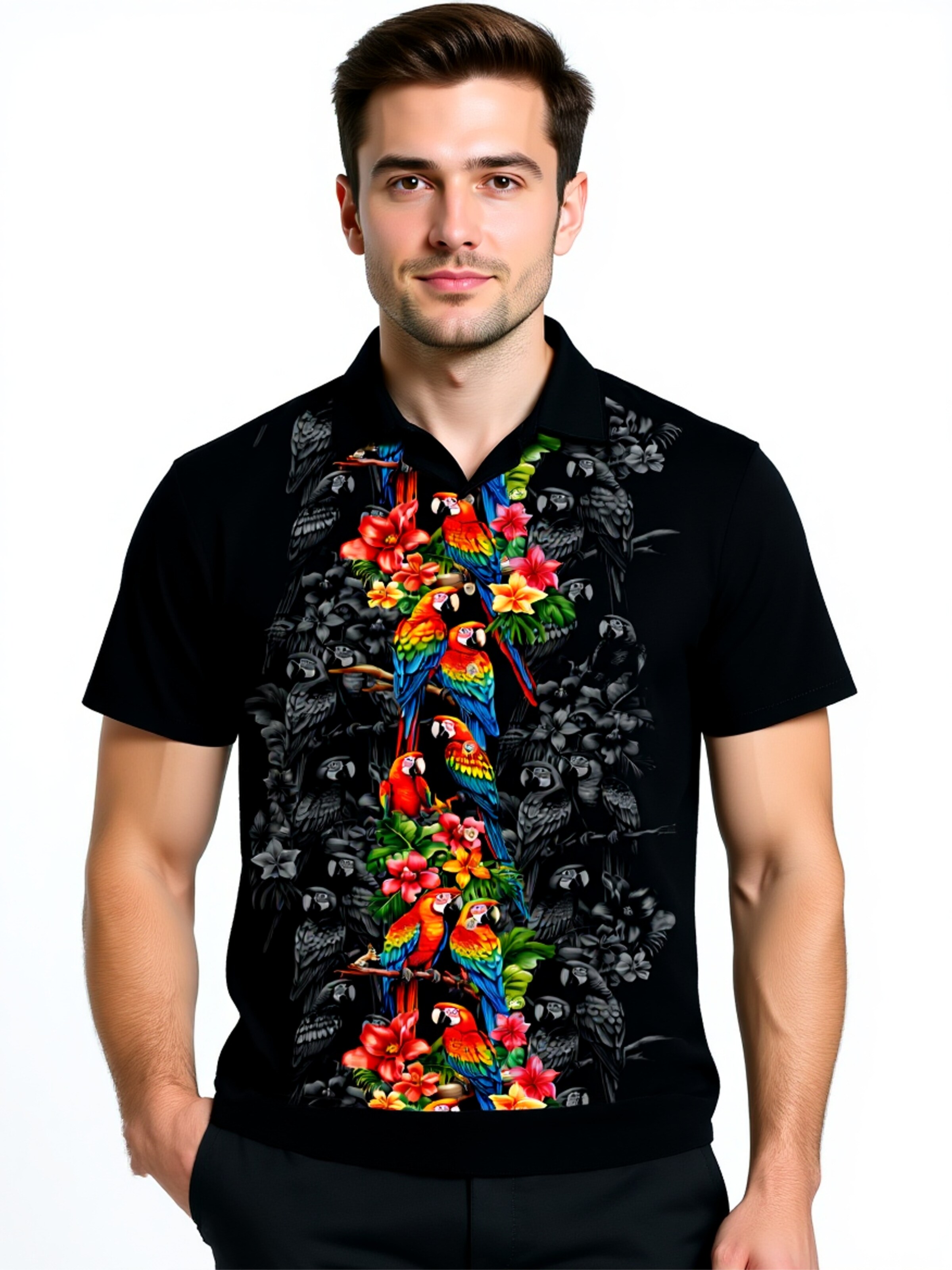Hawaiihemdshop.de Regularny krój Koszula 'Hawaiihemd Parrots Elegance' w kolorze czarny: przód