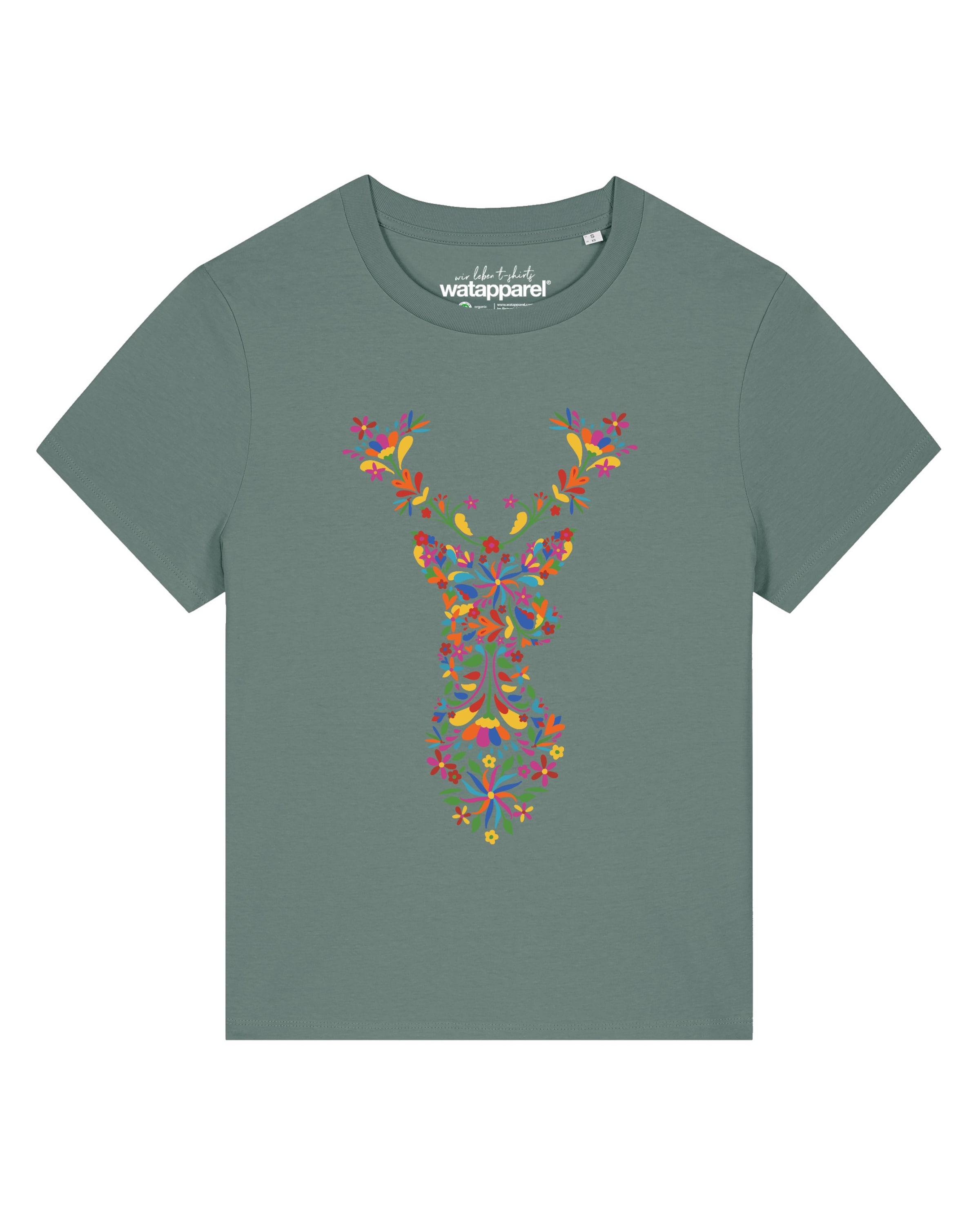 Watapparel T-Shirt 'Floral Deer' in XXL in dunkelblau / gelb / jade / dunkelpink, Produktansicht
