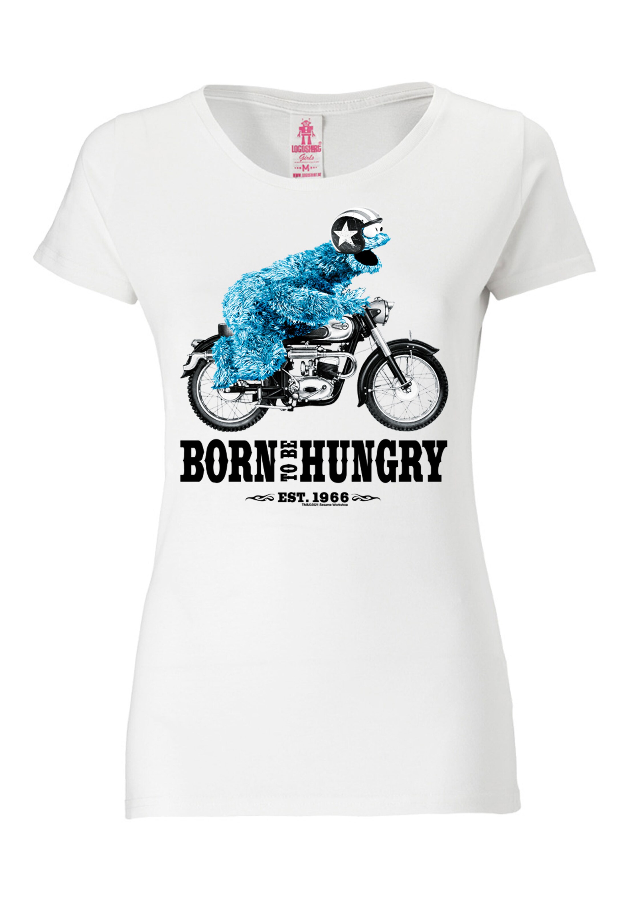 LOGOSHIRT Shirt 'Sesamstraße - Krümelmonster Motorrad' in Wit: voorkant