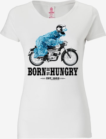 LOGOSHIRT Shirt 'Sesamstraße - Krümelmonster Motorrad' in Wit: voorkant