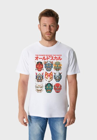 Oldskull Shirt 'Asian Iconic Japanese Masks Graphic' in Wit: voorkant