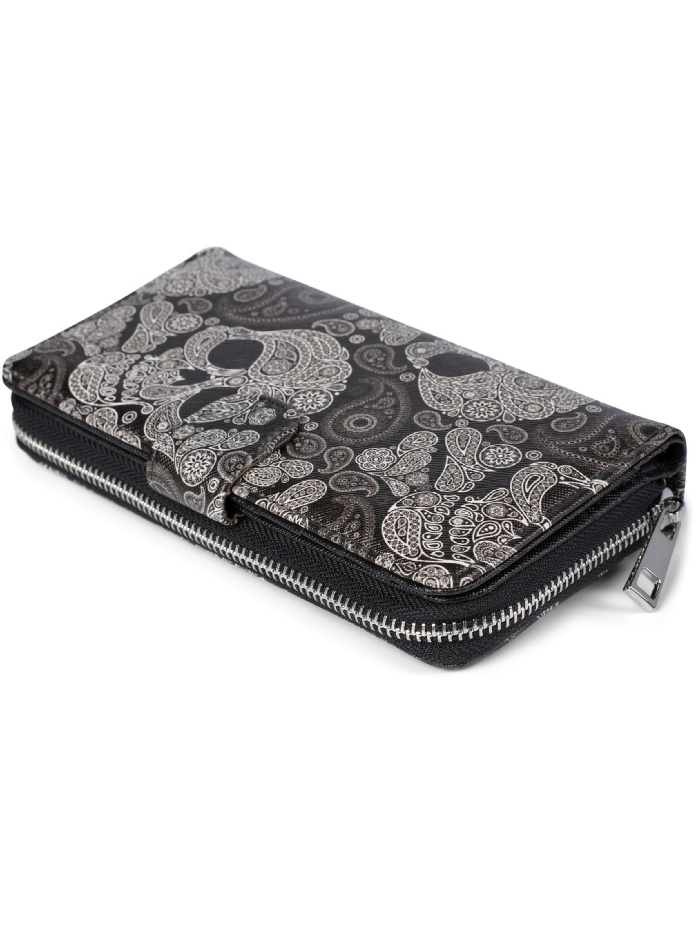 styleBREAKER Wallet 'Große Geldbörse mit Totenkopf Paisley Print' in Black