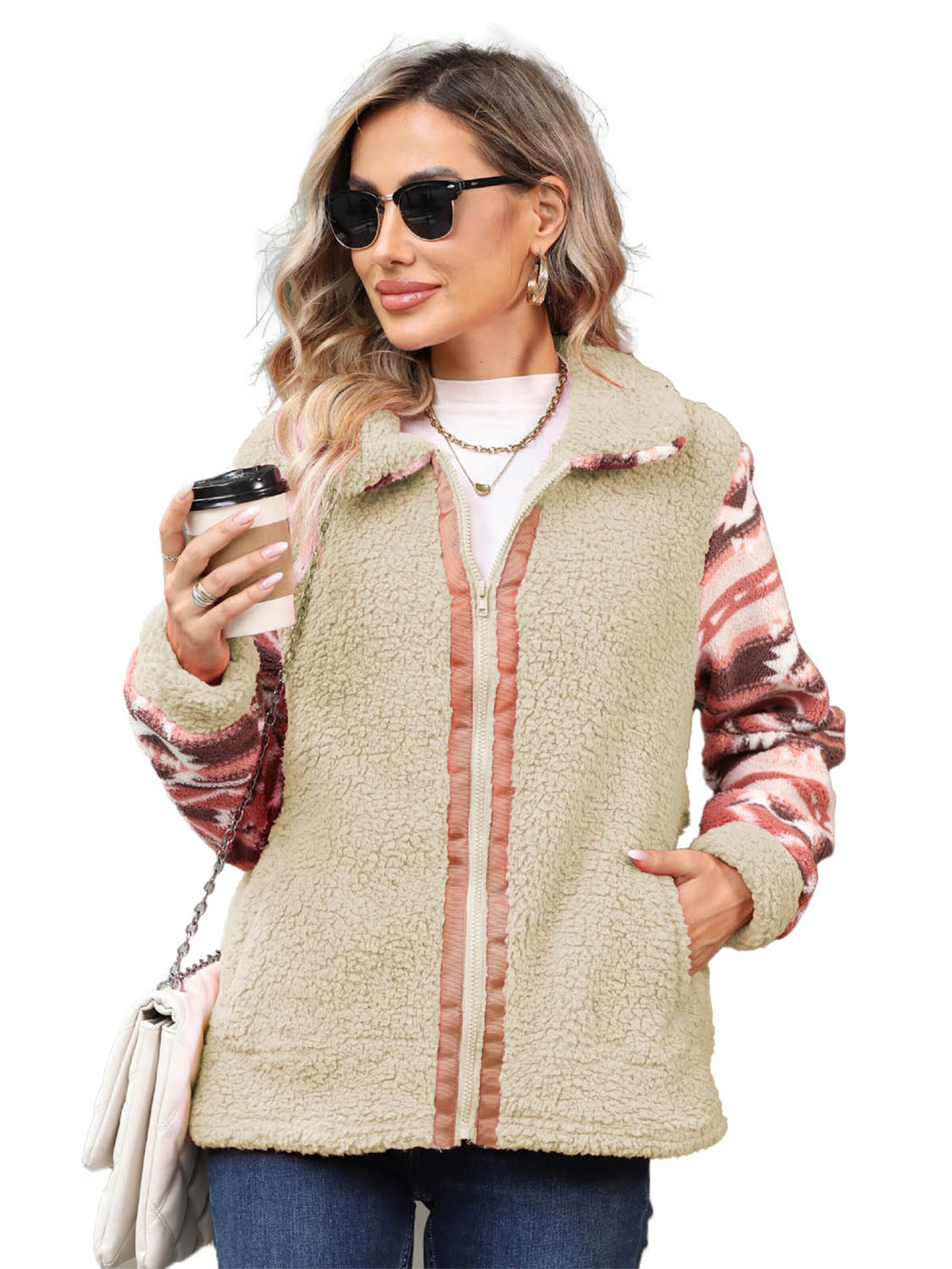 KoJooin Kurtka przejściowa 'Damen Langarm Kuscheljacke mit Reißverschluss Strickjacke mit Stehkragen und weichem Plüsch' w kolorze beżowy: przód