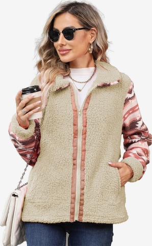 KoJooin Kurtka przejściowa 'Damen Langarm Kuscheljacke mit Reißverschluss Strickjacke mit Stehkragen und weichem Plüsch' w kolorze beżowy: przód