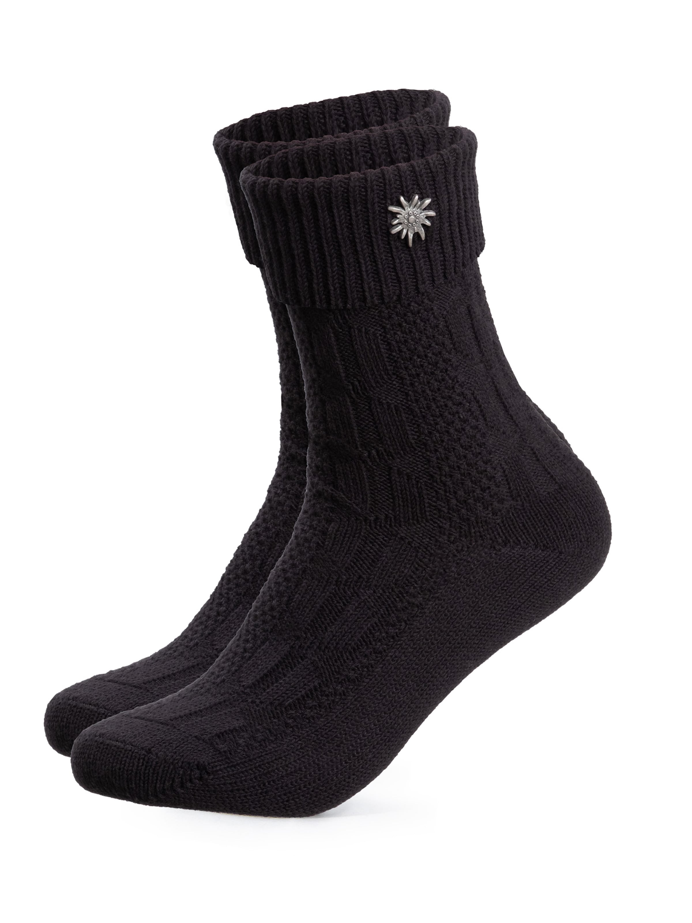 Herz Sticht Trachtensocken 'Edelweiss'‌‌‌‌‌‌‌‌‌ in Schwarz: Vorderseite