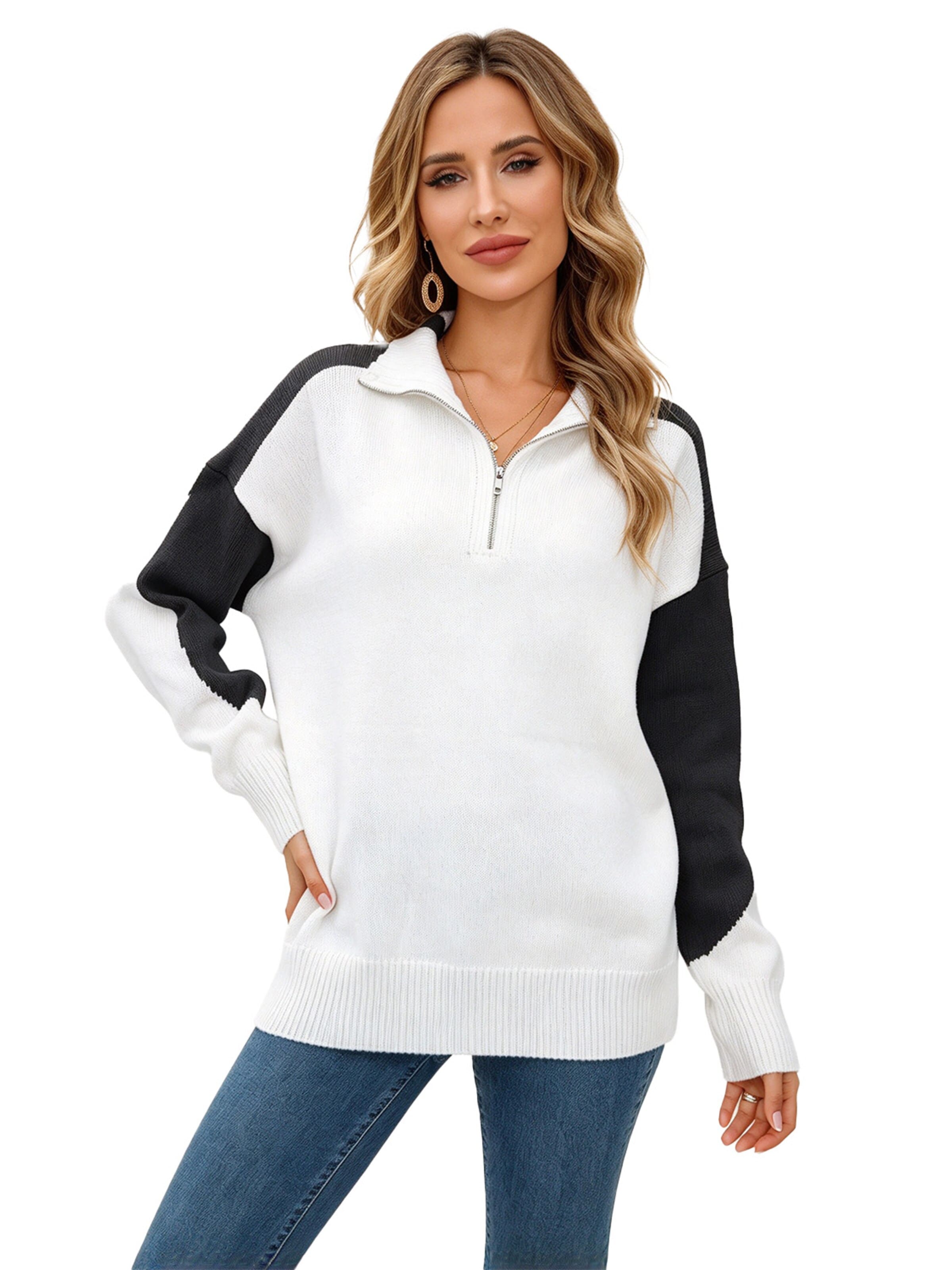 KoJooin Sweter 'Damen Oversize Strickpullover mit Stehkragen und Reißverschluss Lockerer Pullover mit Pull-Over' w kolorze czarny: przód