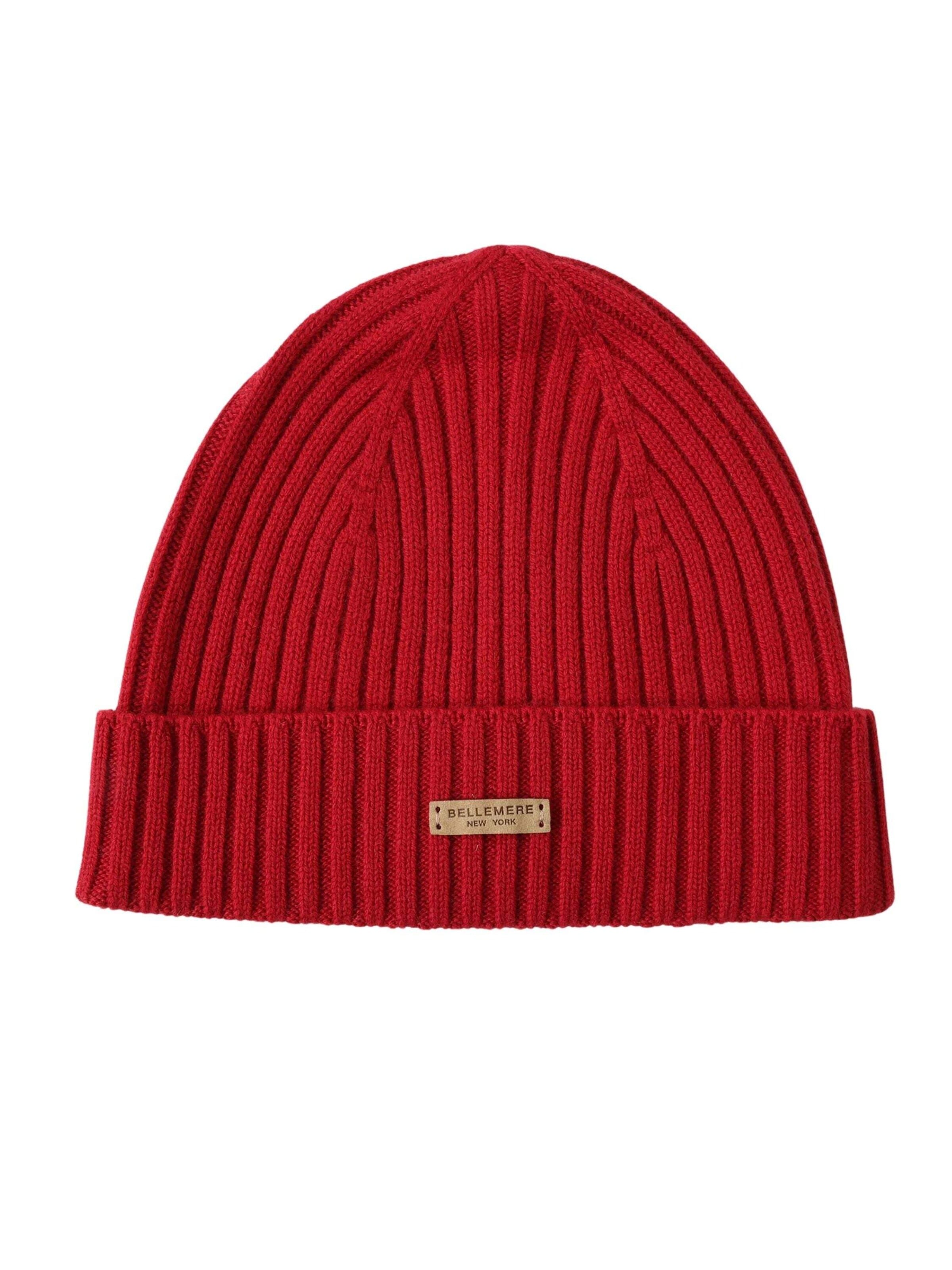 BELLEMERE NEW YORK Beanie 'Flach gerippte Strickmütze aus Merinowolle' in Red: front