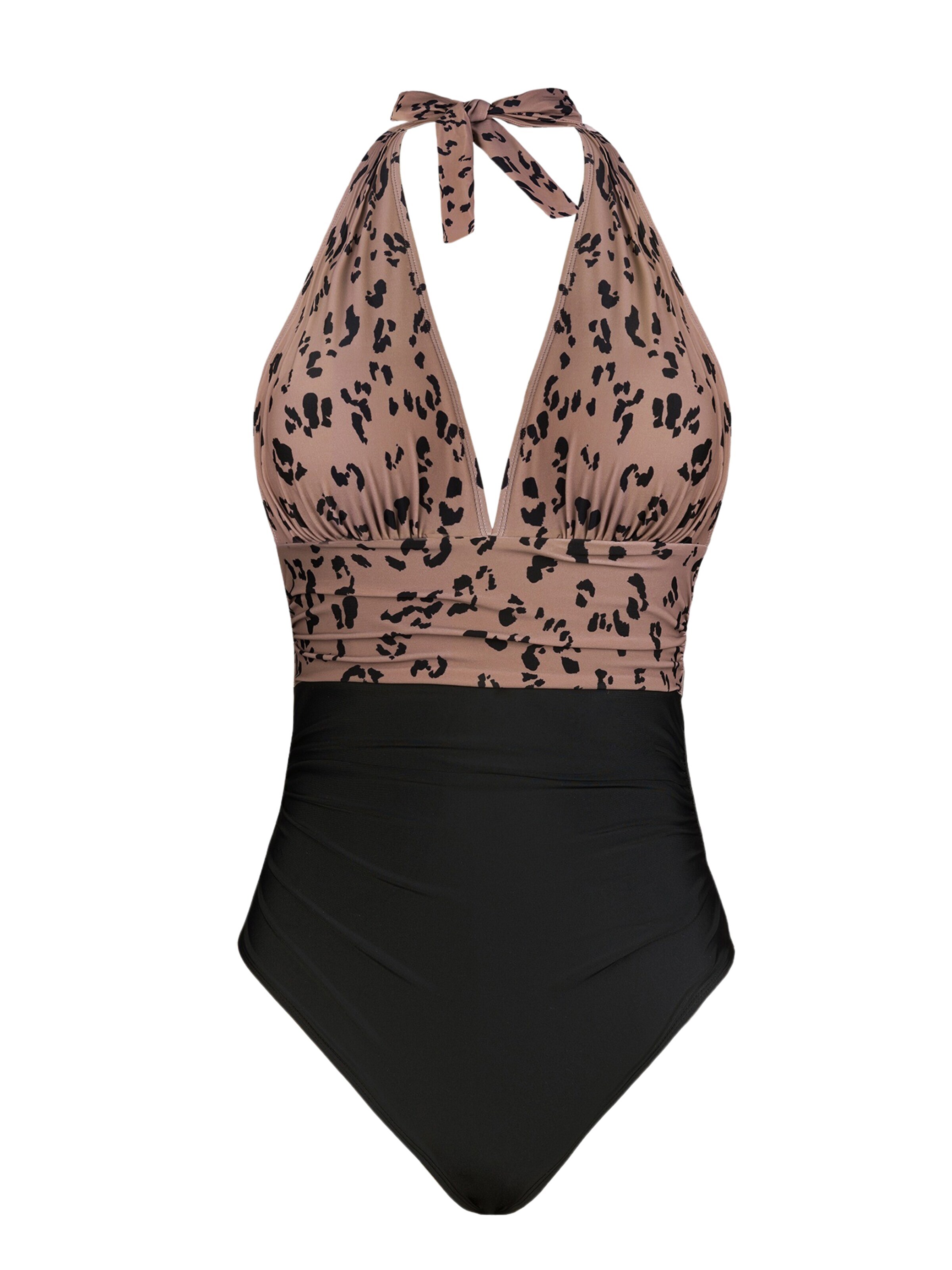 Cupshe Badeanzug 'Cheetah Plunge Halter'‌‌‌‌ in L in khaki, Produktansicht