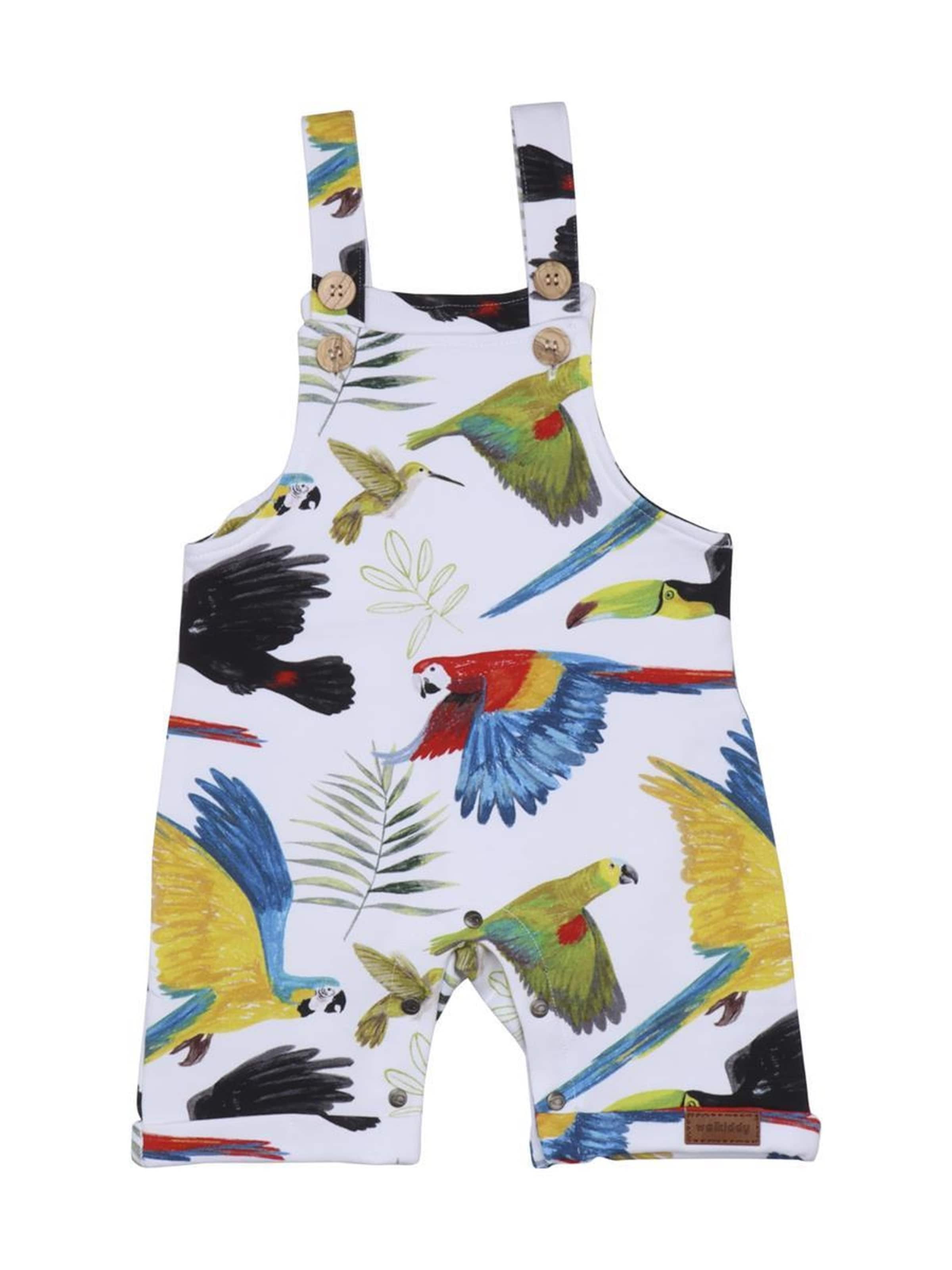 Walkiddy Regular Overalls 'Walkiddy - The Birds of Rainforest' in White: front