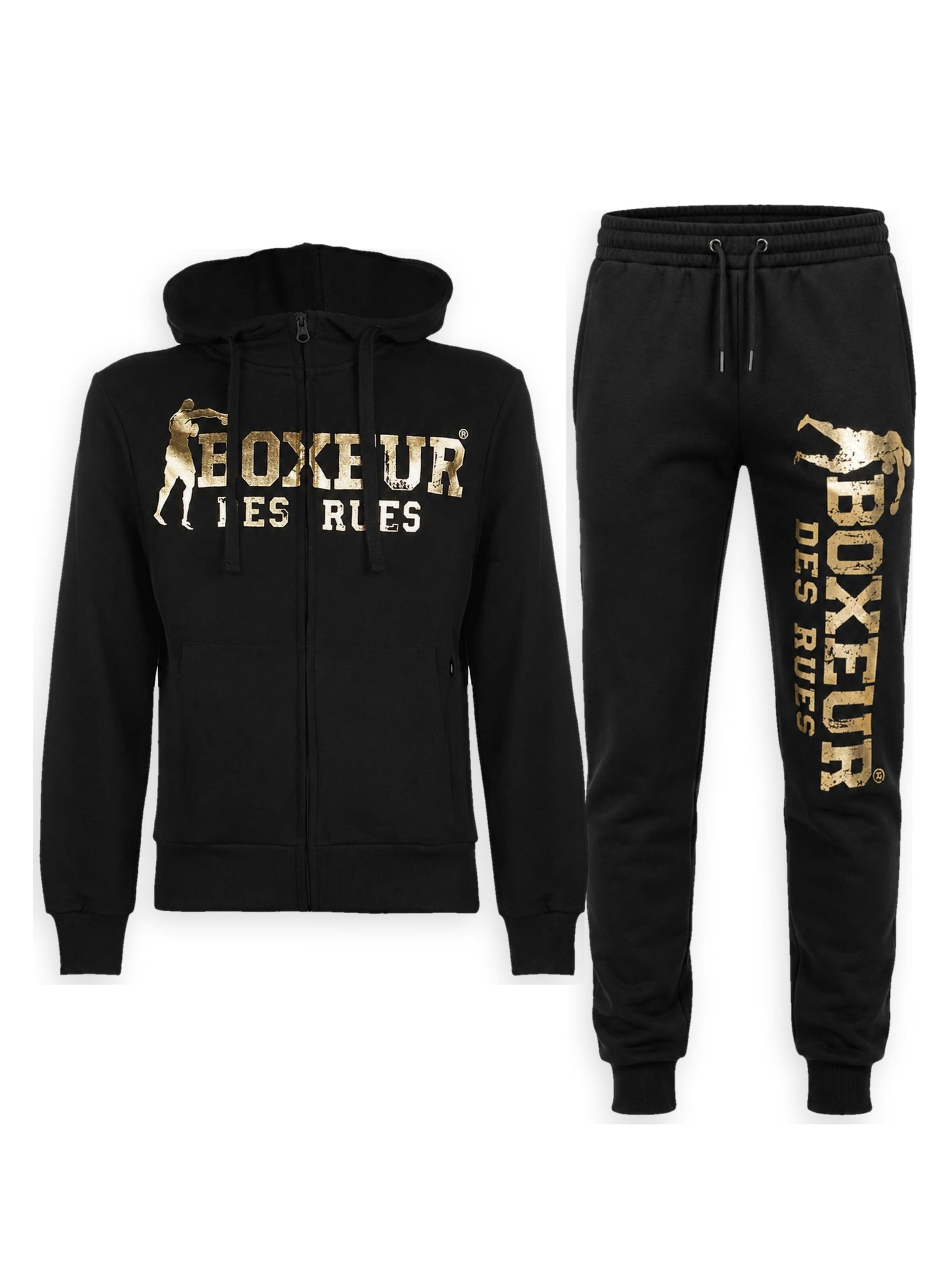 Boxeur des Rues - Traje para estar en casa 'Herren Set Boxeur des Rues: Fitted Hoodie mit Reißverschluss Schwarz + Jogginghose Schwarz, Goldenes vertikales Logo' en negro