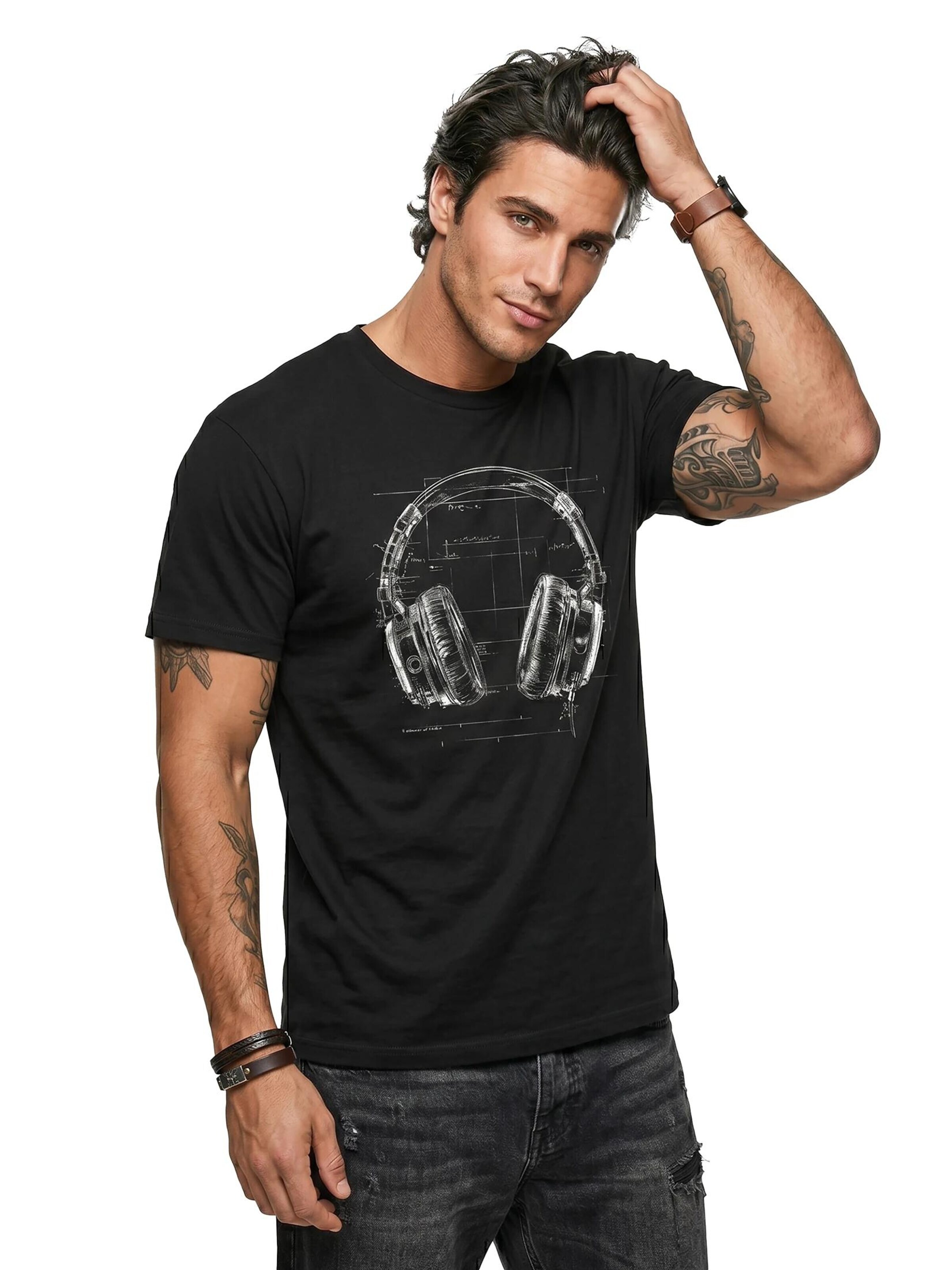 MAKAYA Shirt 'Blue Print Headphone' in Black