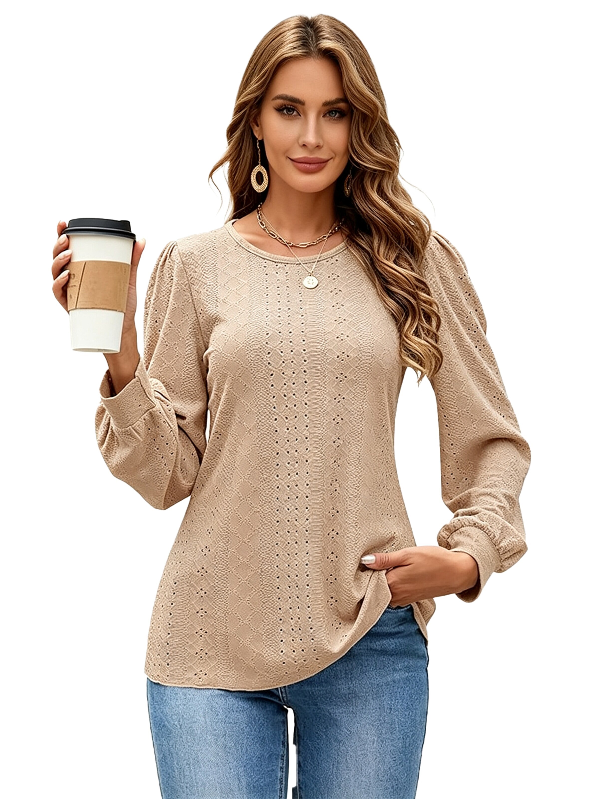 KoJooin Shirt 'Damen Locker Geschnittenes Rundhals T-Shirt mit Puffärmeln – Lässiges Langarmshirt für Alltag' in Green: front