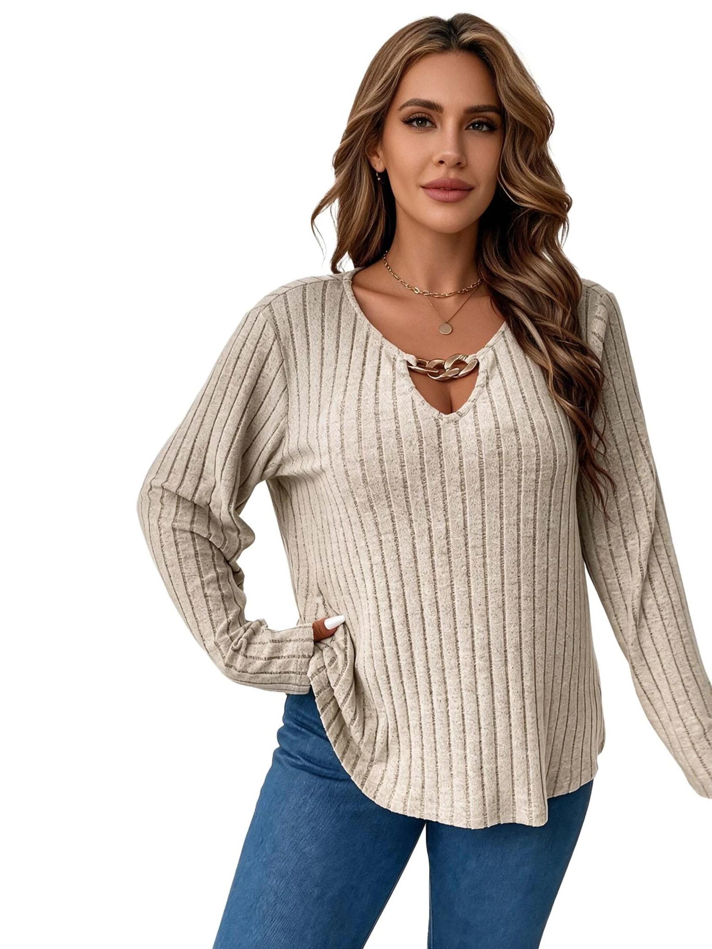 KoJooin Koszulka 'Damen-Plus-Size-Langarmshirt mit V-Ausschnitt und feiner Rippstruktur' w kolorze zielony