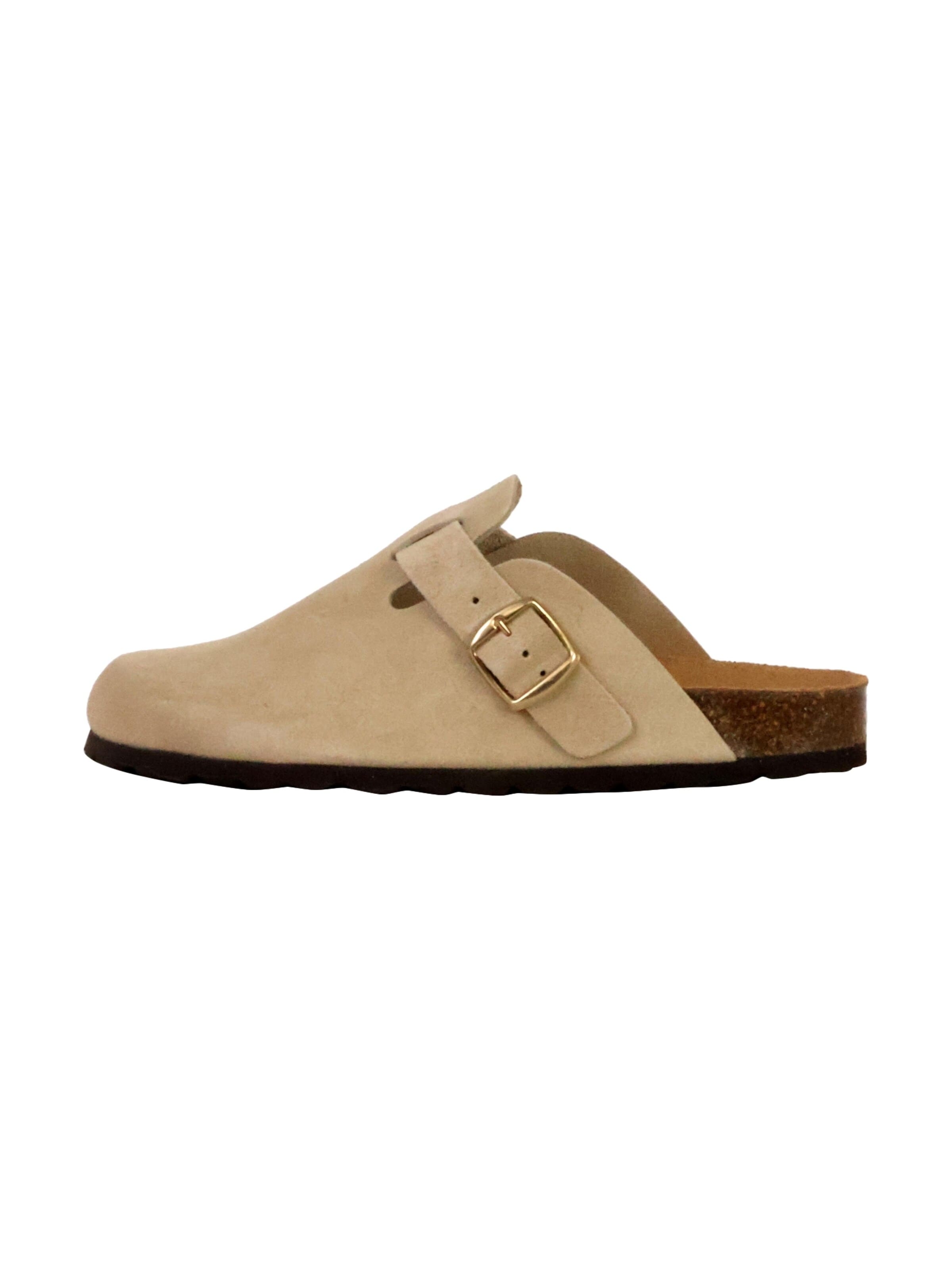 The Divine Factory Muiltjes 'Boreal-Lederpantoletten' in Beige: voorkant
