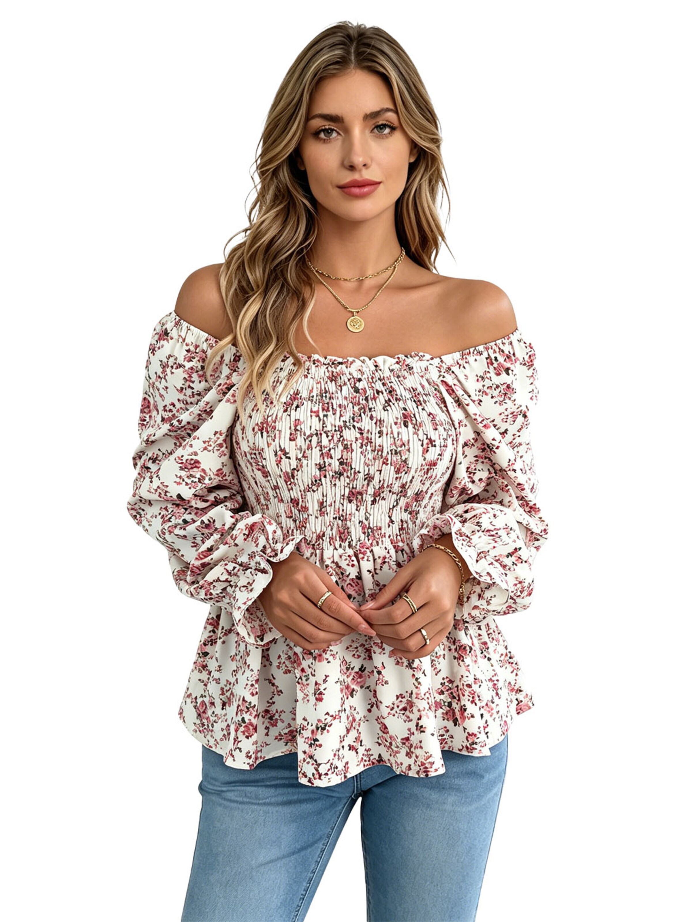 KoJooin Shirt 'Damenbluse Mit Karree-Ausschnitt Blumenprint Puffärmeln Und Volantsaum'‌‌‌‌‌‌‌‌‌ in Pink