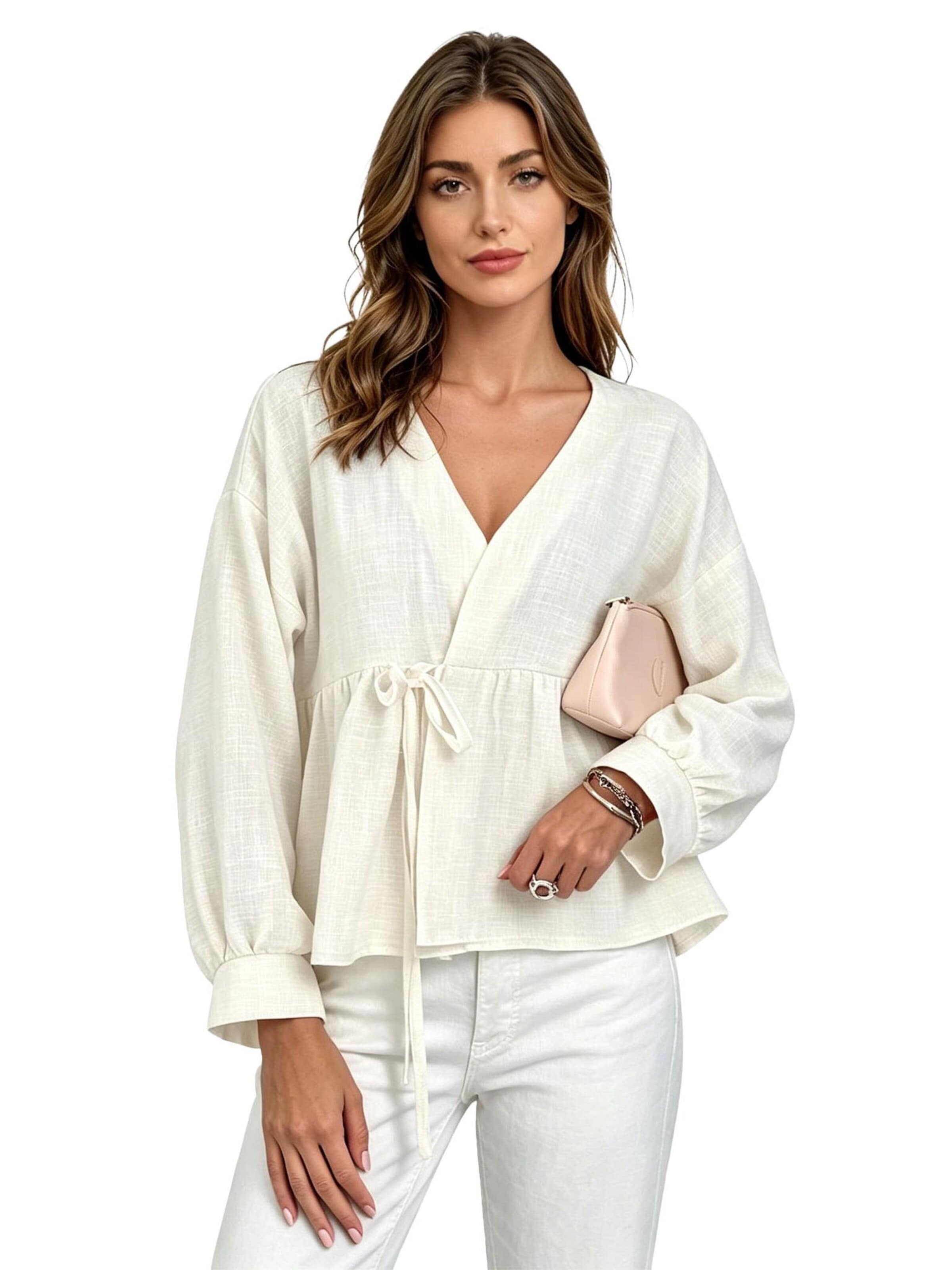 KoJooin Blouse 'Damenbluse mit Bindeband vorne Peplum-Oberteil, mit Schleife, langen Ärmeln und V-Ausschnitt' in White: front