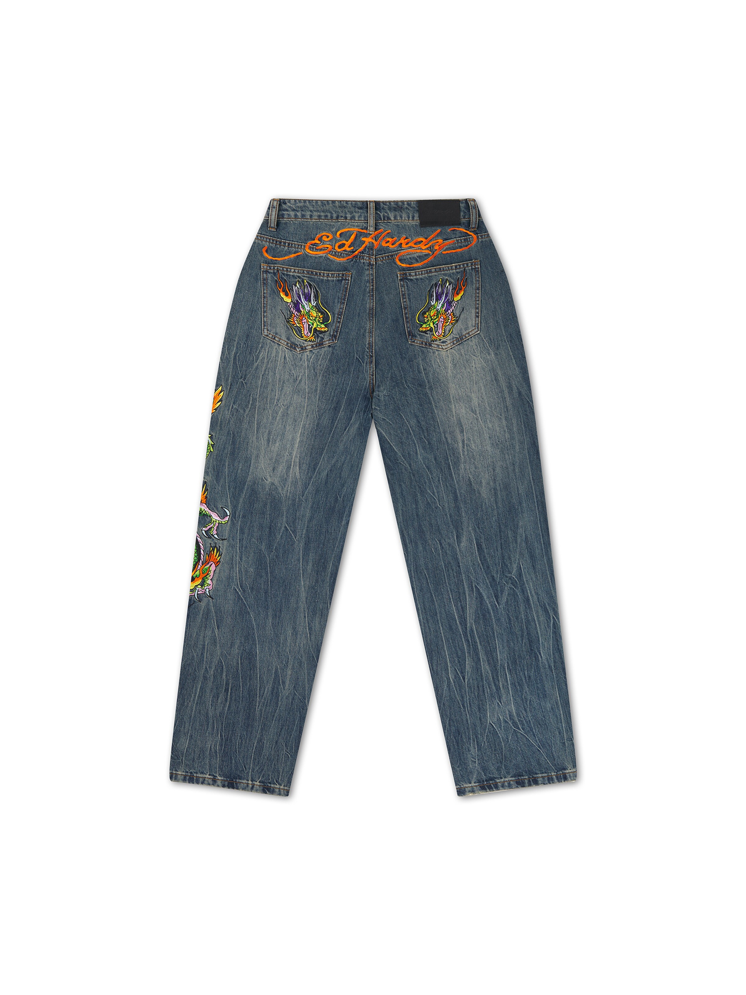 Ed Hardy - Loosefit Vaquero 'Kriechender Drache' en azul