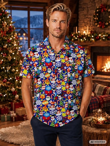 King Kameha Regular Fit Hemd 'Christmas Allover'‌‌‌‌‌‌ in Blau