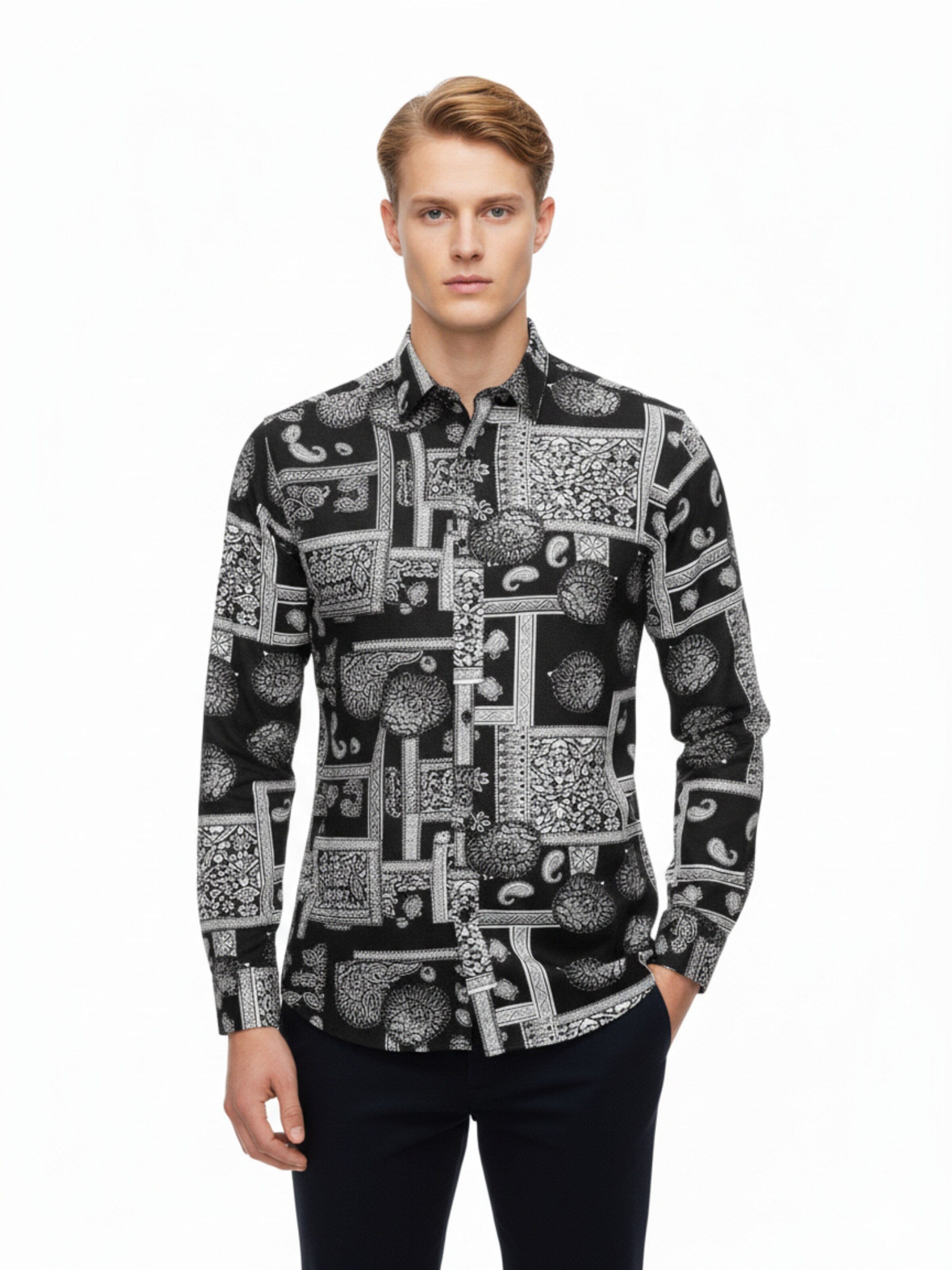 Radwa Regular fit Button Up Shirt 'Men's Viscose multicolor pattern shirt' in Black: front
