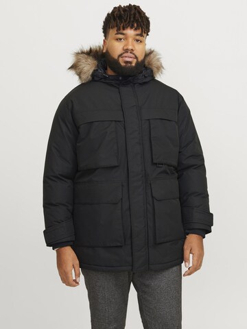 Jack & Jones Plus Winterparka in Zwart: voorkant