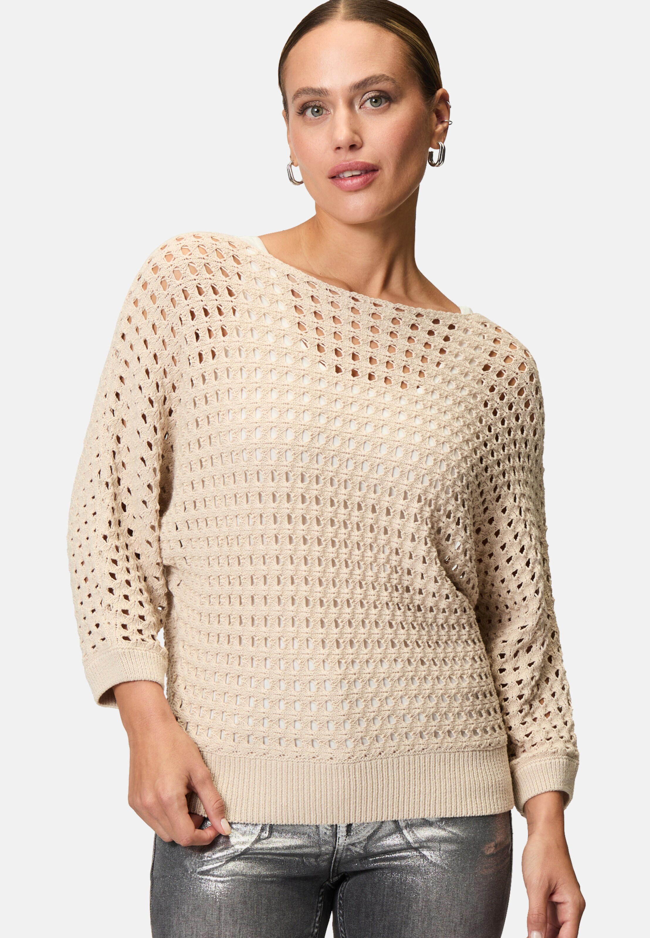 zero Pullover mit Lochmuster in Beige: Vorderseite