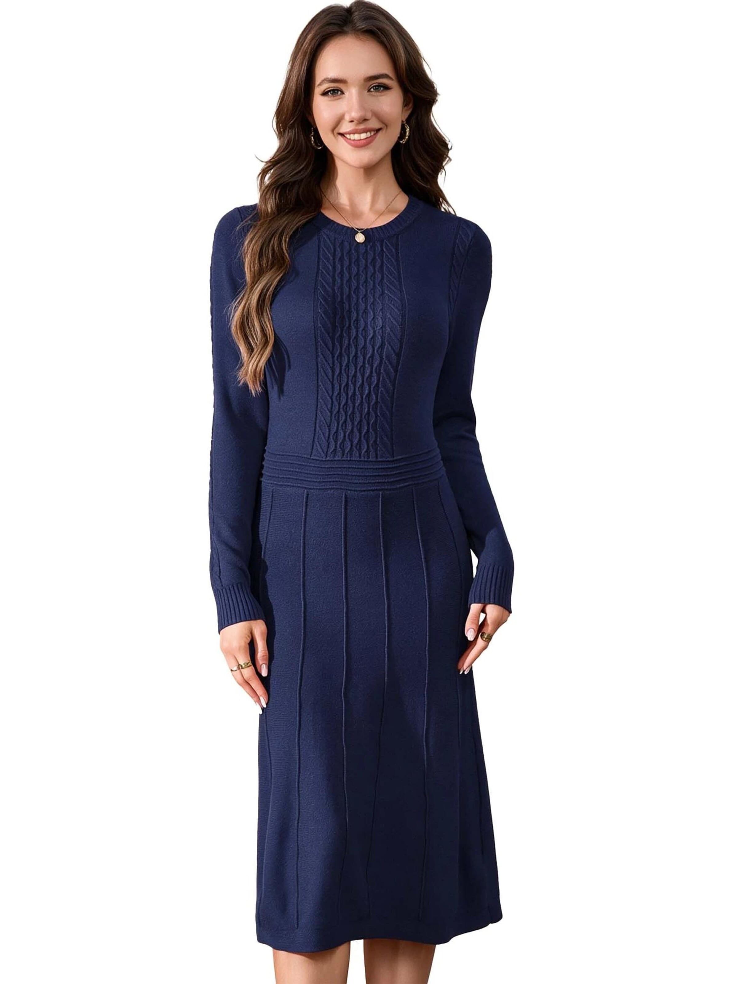 KoJooin Sukienka z dzianiny 'Damen-Rippstrickkleid in Midi-Länge mit Rundhalsausschnitt und langen Ärmeln' w kolorze niebieski