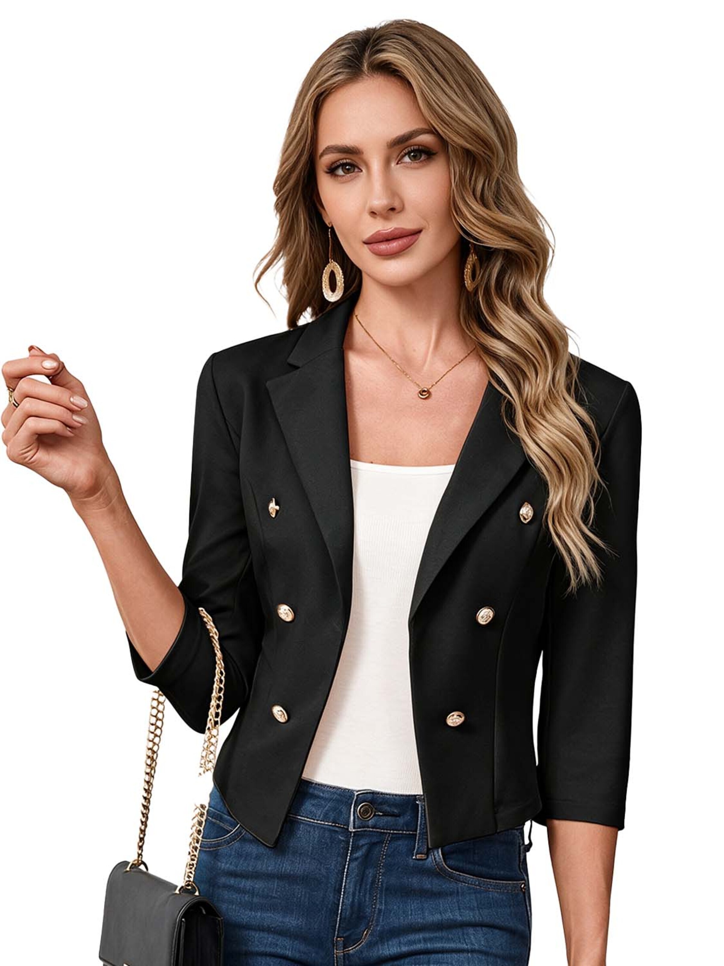 KoJooin Marynarka 'Damen Business-Blazer mit spitzem Reverskragen Metallknöpfen: 3/4-Ärmel,offene Knopfleiste perfekt' w kolorze czarny: przód