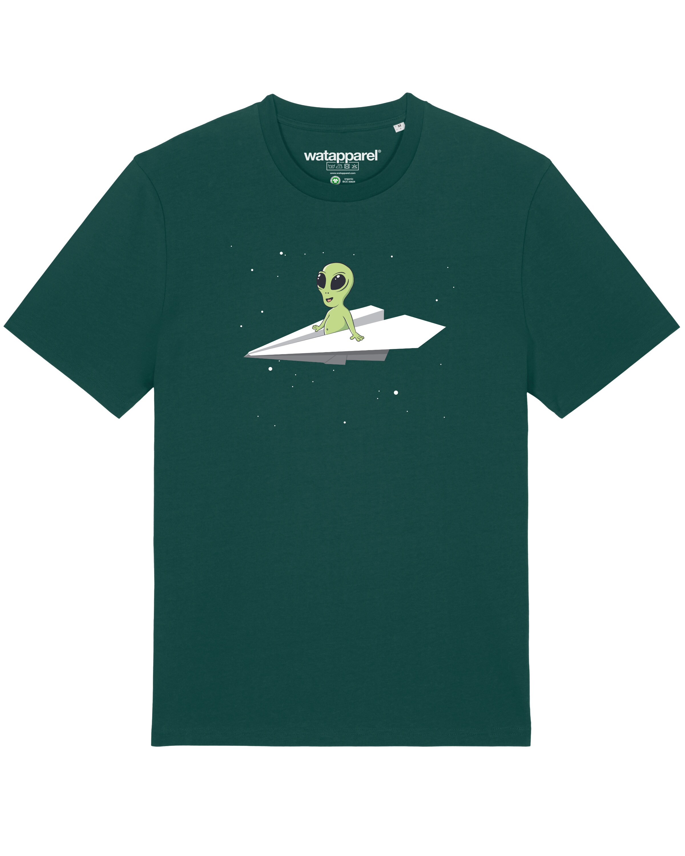 Watapparel T-Shirt 'Alien on a paper plane' in Grün: Vorderseite