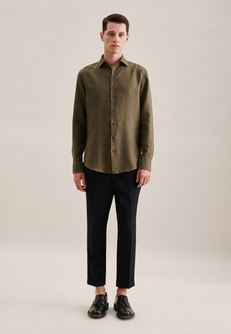 SEIDENSTICKER Slim fit Button Up Shirt 'SMART LINEN' in Green