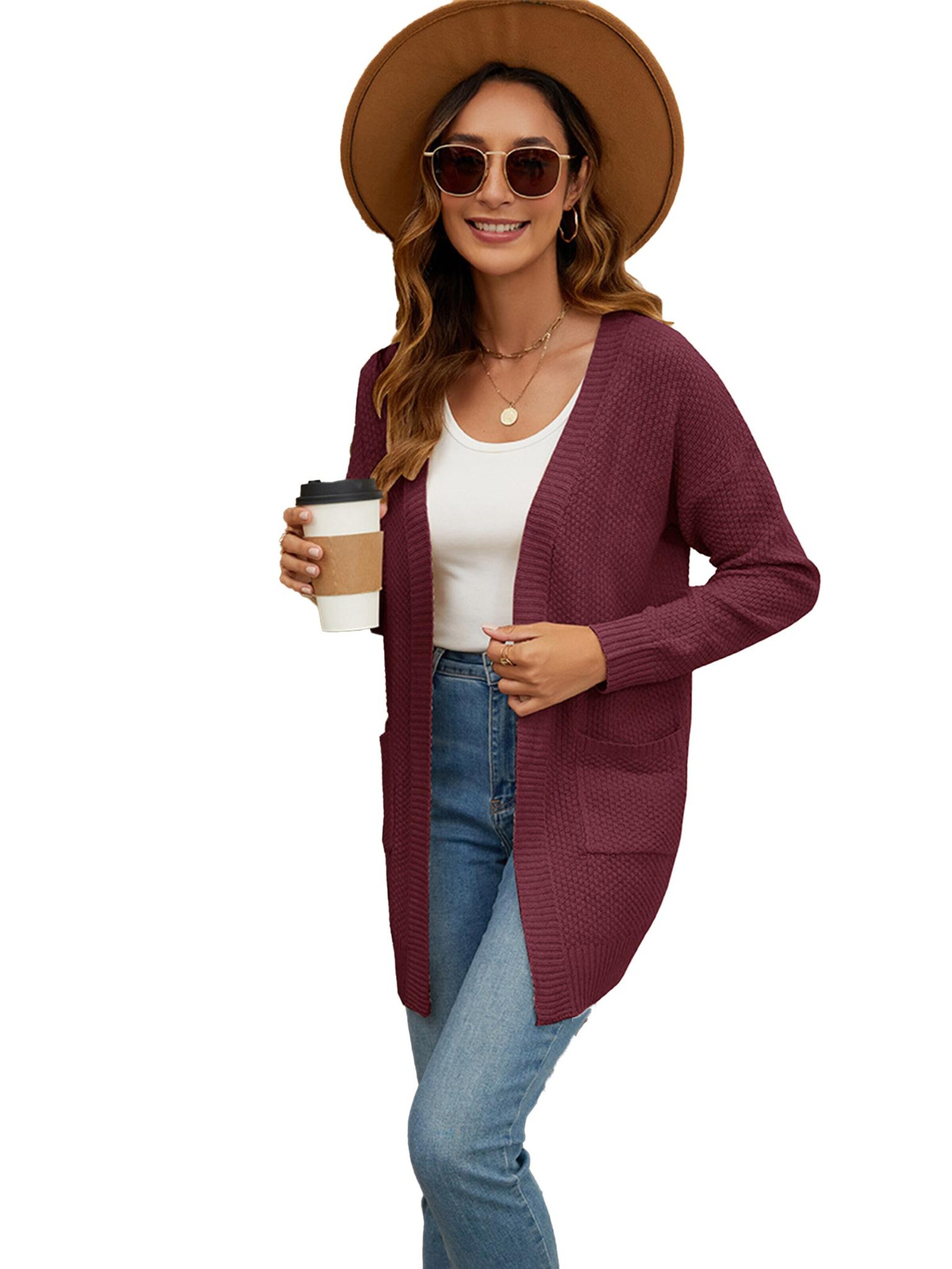 KoJooin Kardigan 'Damenmode Cardigan Pullover Leicht Offen Vorderseite Lang Lässig Strand Kimono Outfits mit Taschen' w kolorze czerwony