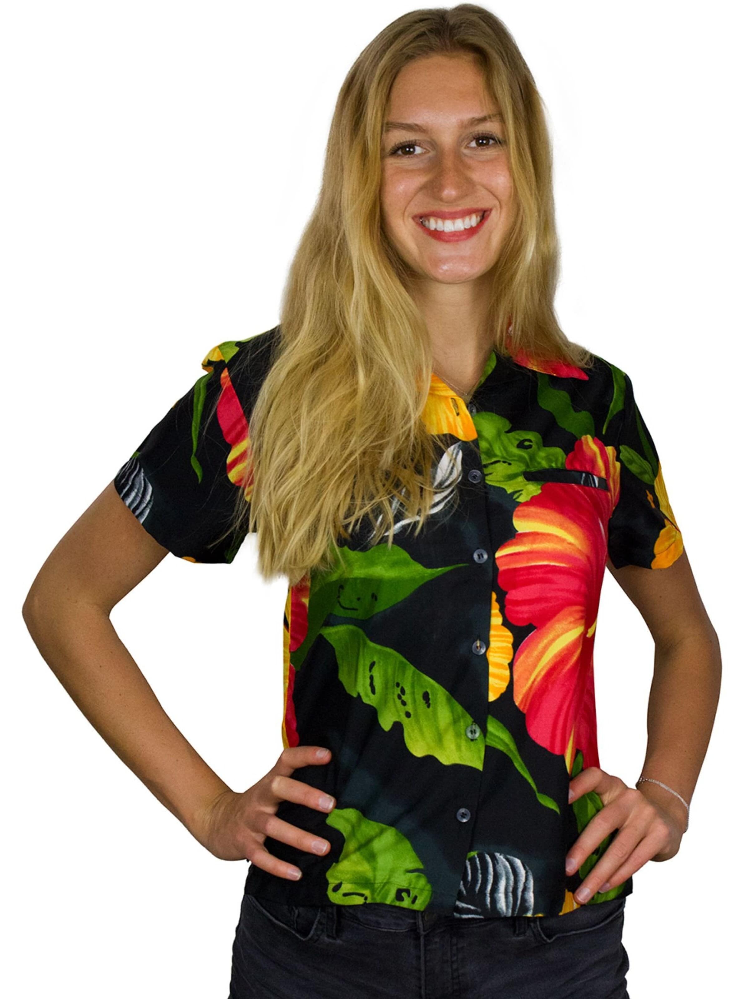 King Kameha Blouse 'Big Flower' in Zwart: voorkant