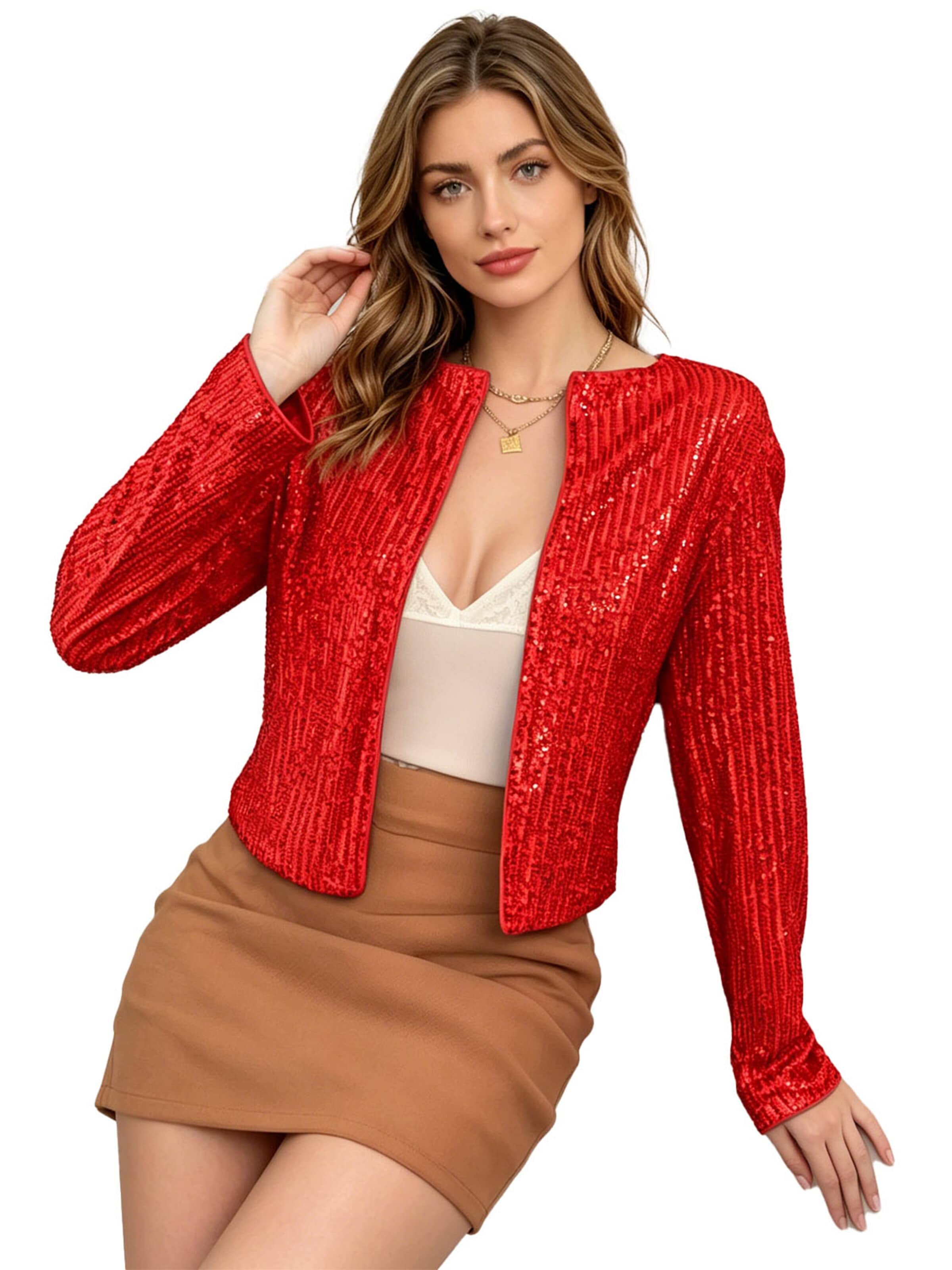 KoJooin Marynarka 'Paillettenbesetzter Damen-Blazer mit offenem Vorderteil, kragenlos, glitzernd' w kolorze czerwony