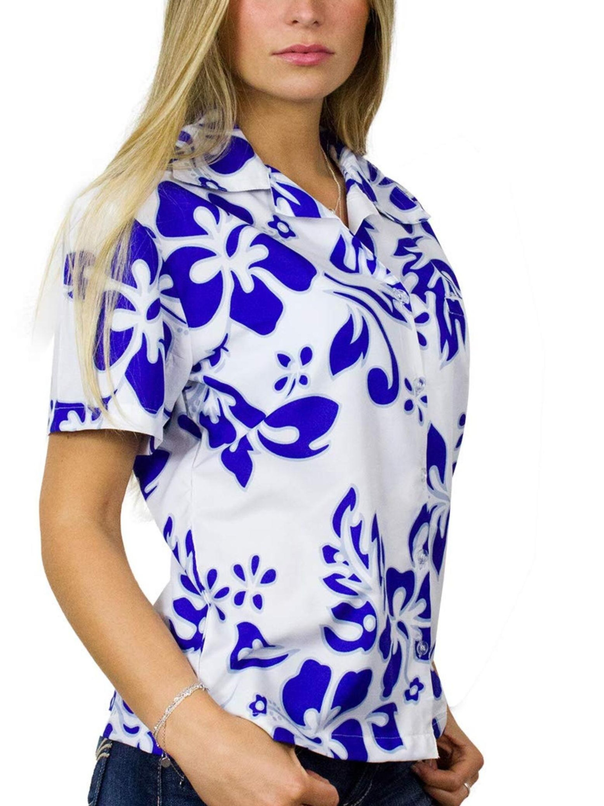 Camicia da donna 'Hibiscus White Line' di King Kameha in blu