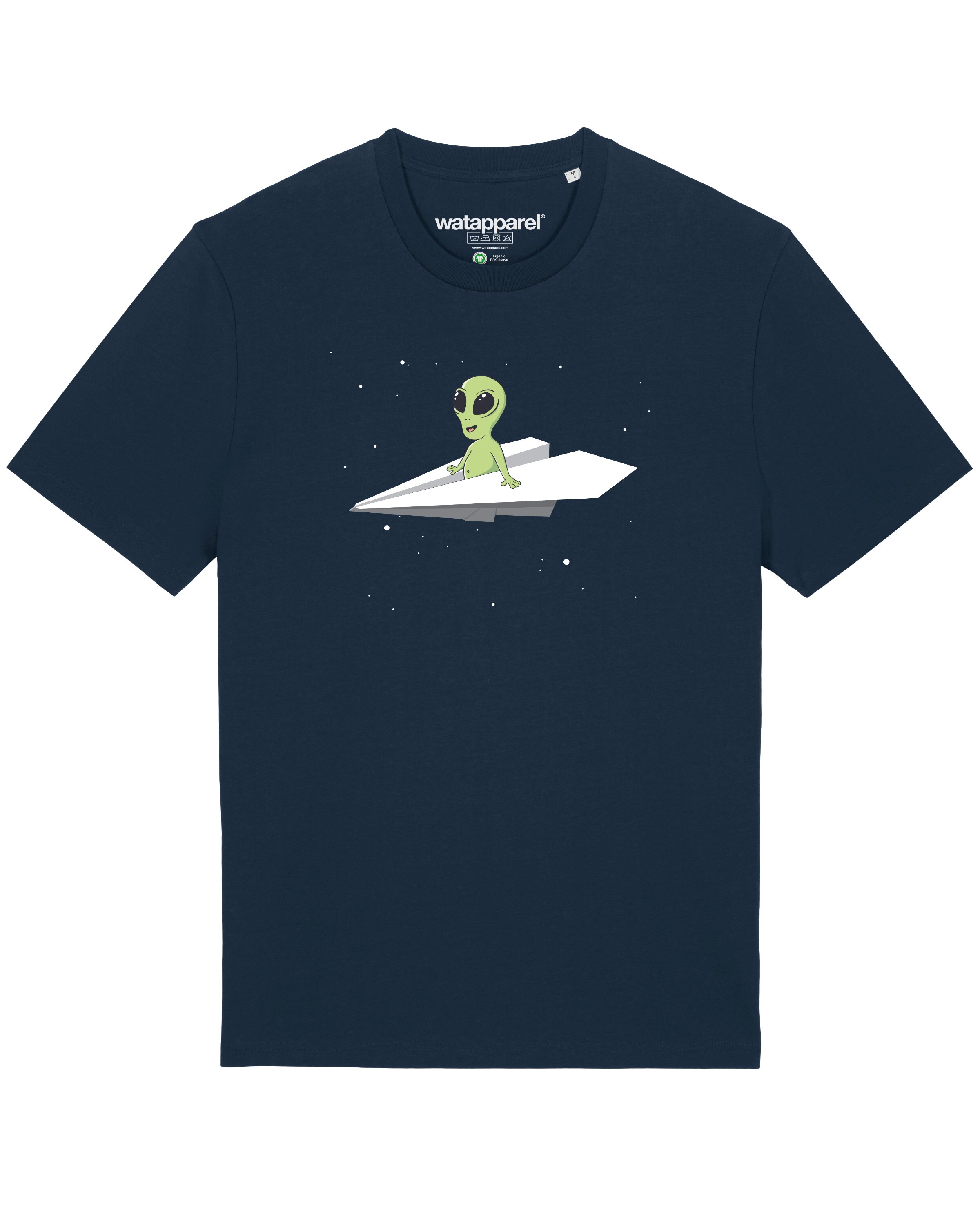Watapparel T-Shirt ' Alien on a paper plane ' in Blau: Vorderseite