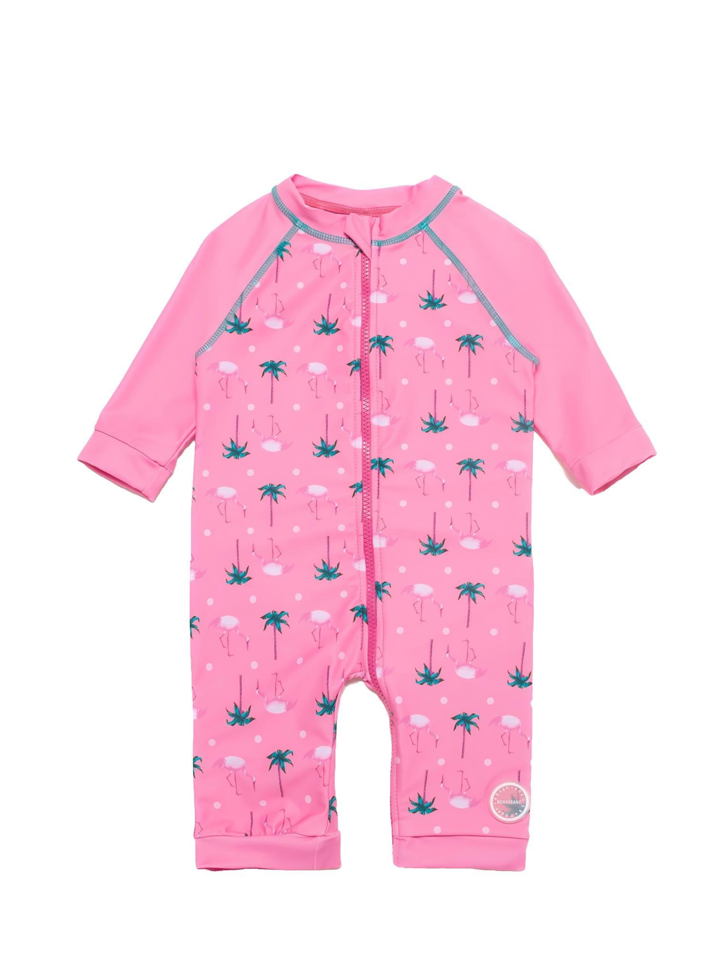 BONVERANO Athletic Swimwear 'Baby Mädchen UV Badeanzug 50+ 3/4-Ärmel Full-Zip Schwimmanzug inkl Sonnenhut' in Pink: front