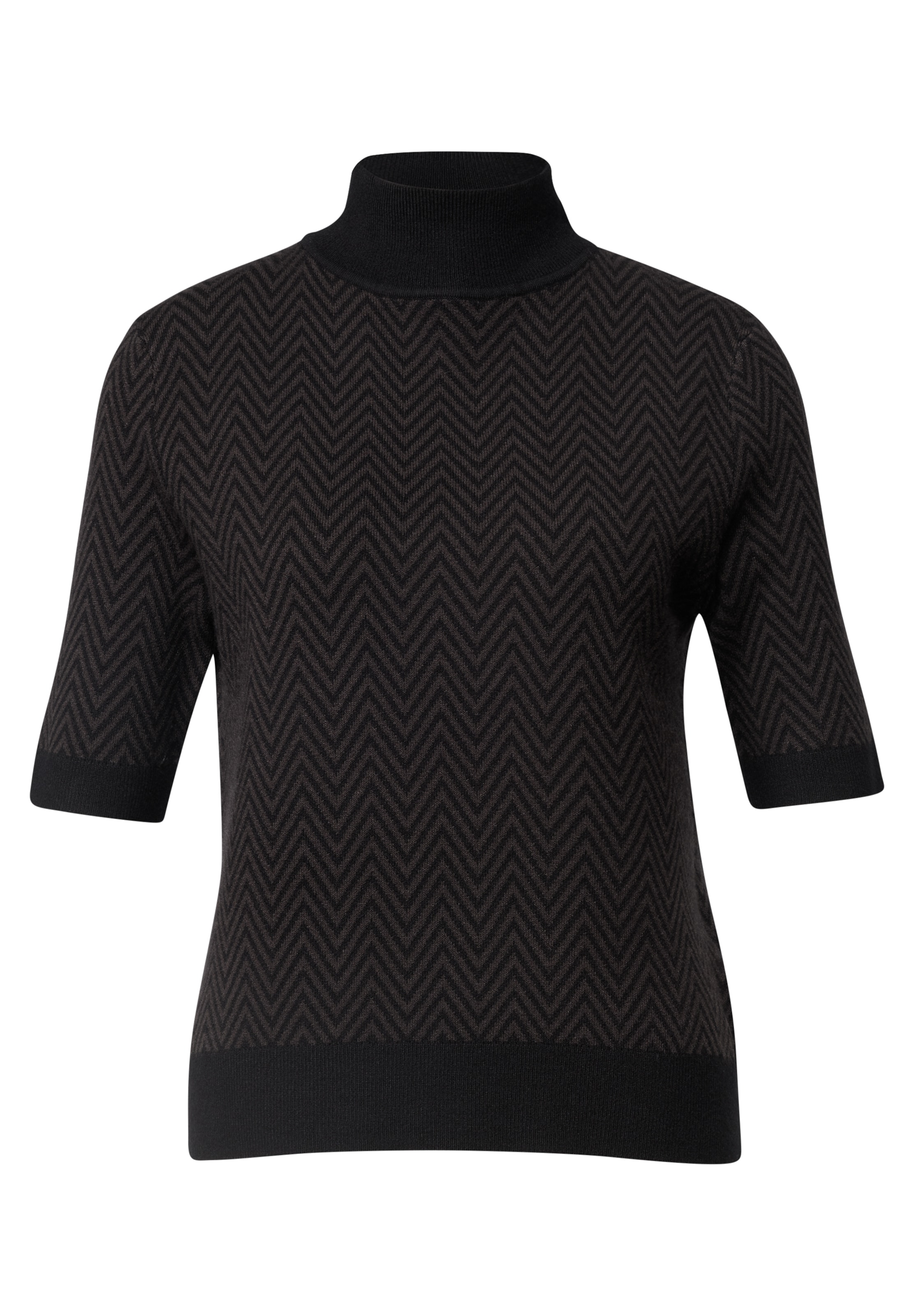 STREET ONE Kurzarm Jacquard Pullover mit Turtle Neck in Schwarz: Vorderseite
