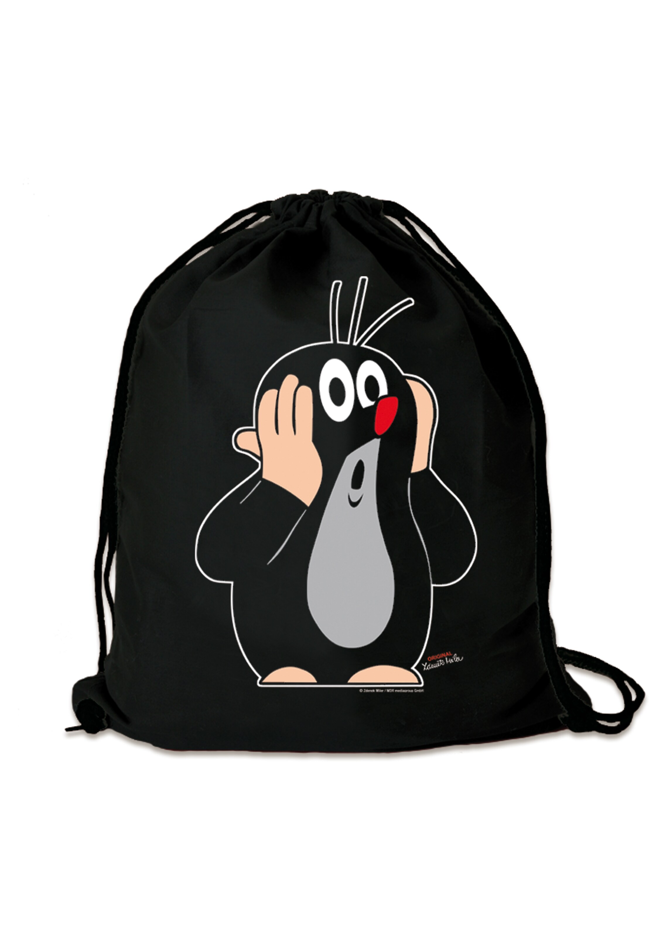LOGOSHIRT Sports gym bag 'Der kleine Maulwurf - Oh!' in Black: front
