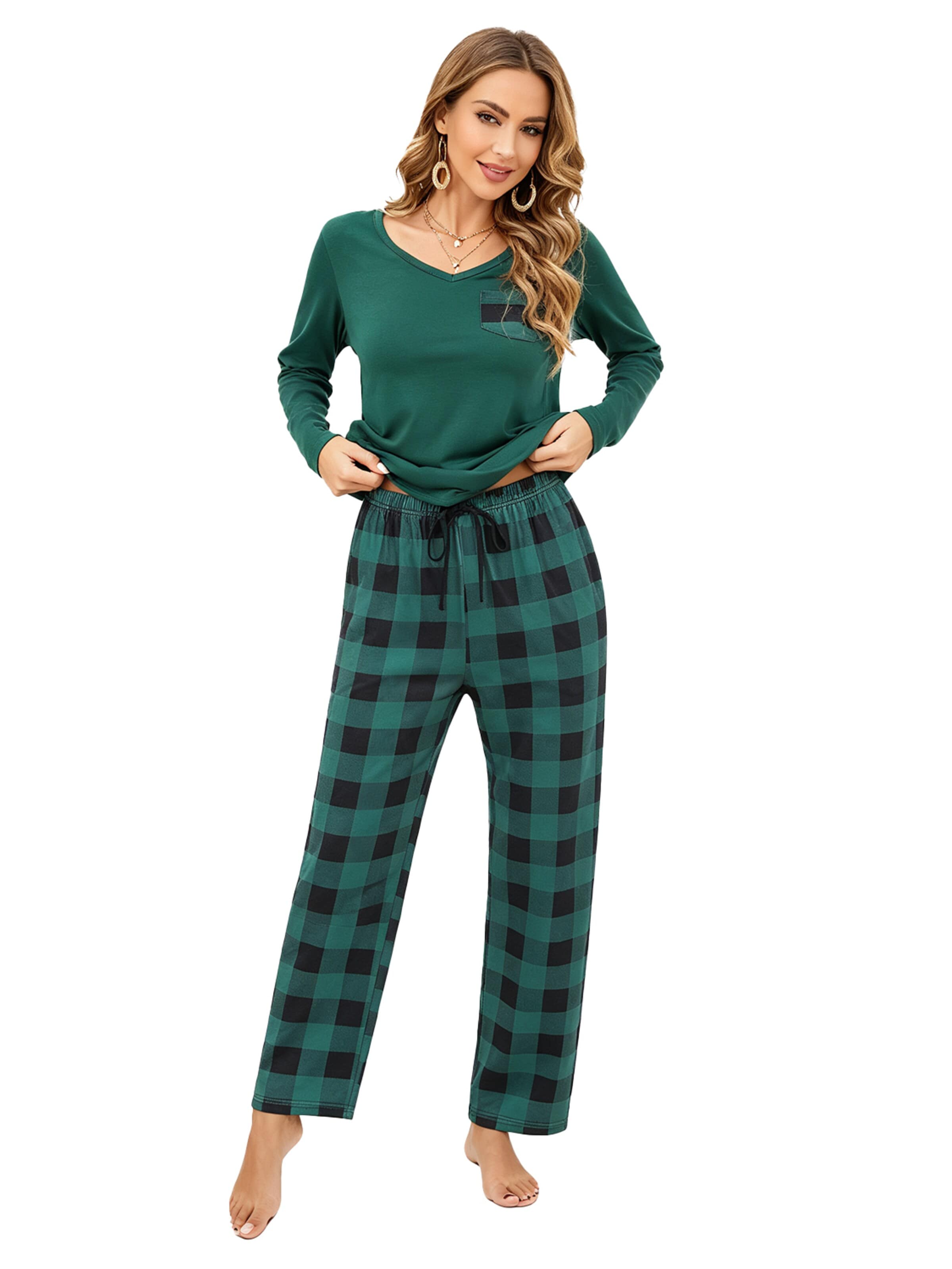 KoJooin Piżama 'Damen Weihnachts-Pyjama-Set im Karierten Design Klassische,Langärmelige Loungewear für Familiäre' w kolorze zielony