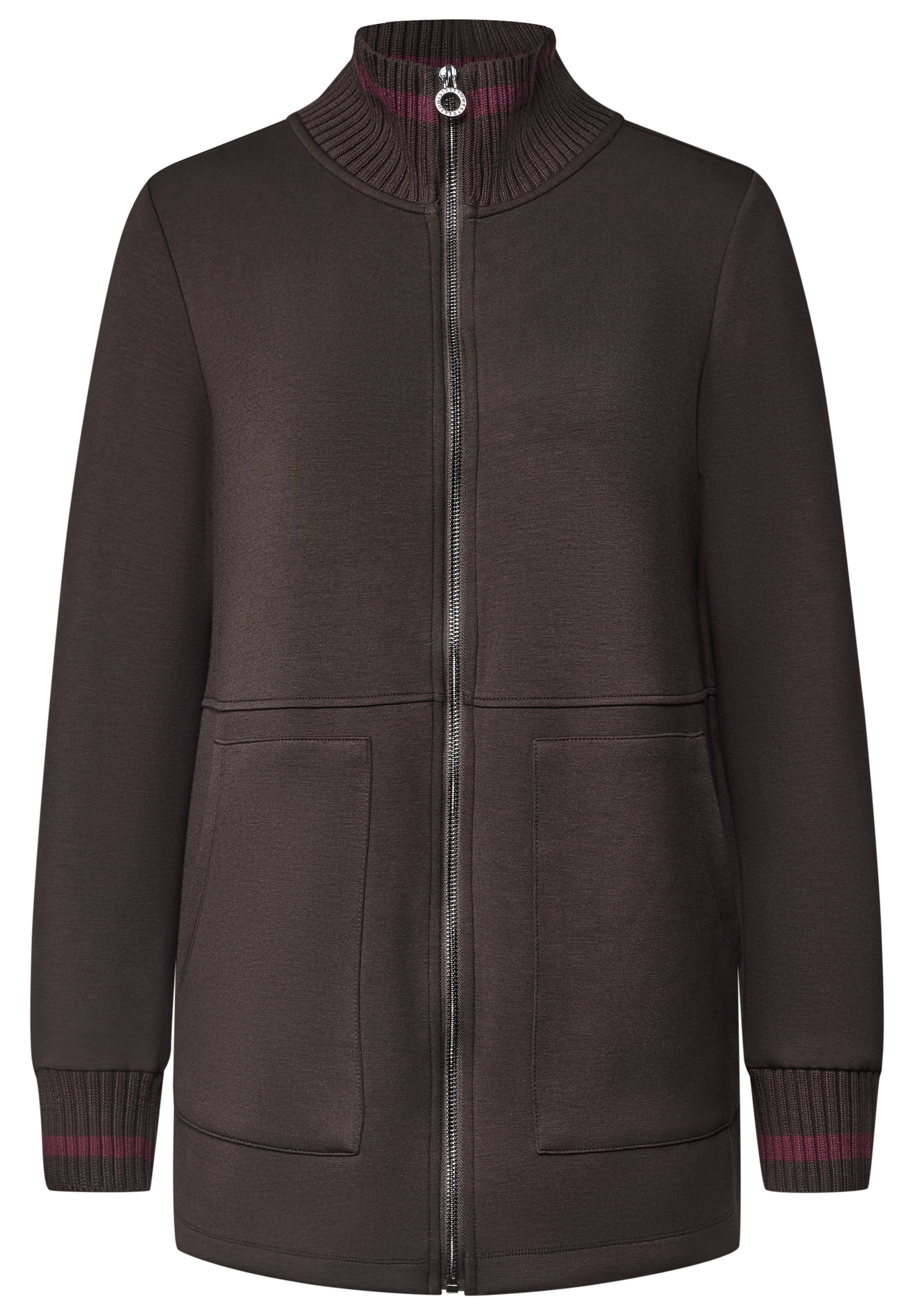 STREET ONE Sweatjacke mit Stehkragen und Strickdetails in XS in dunkelbraun, Produktansicht