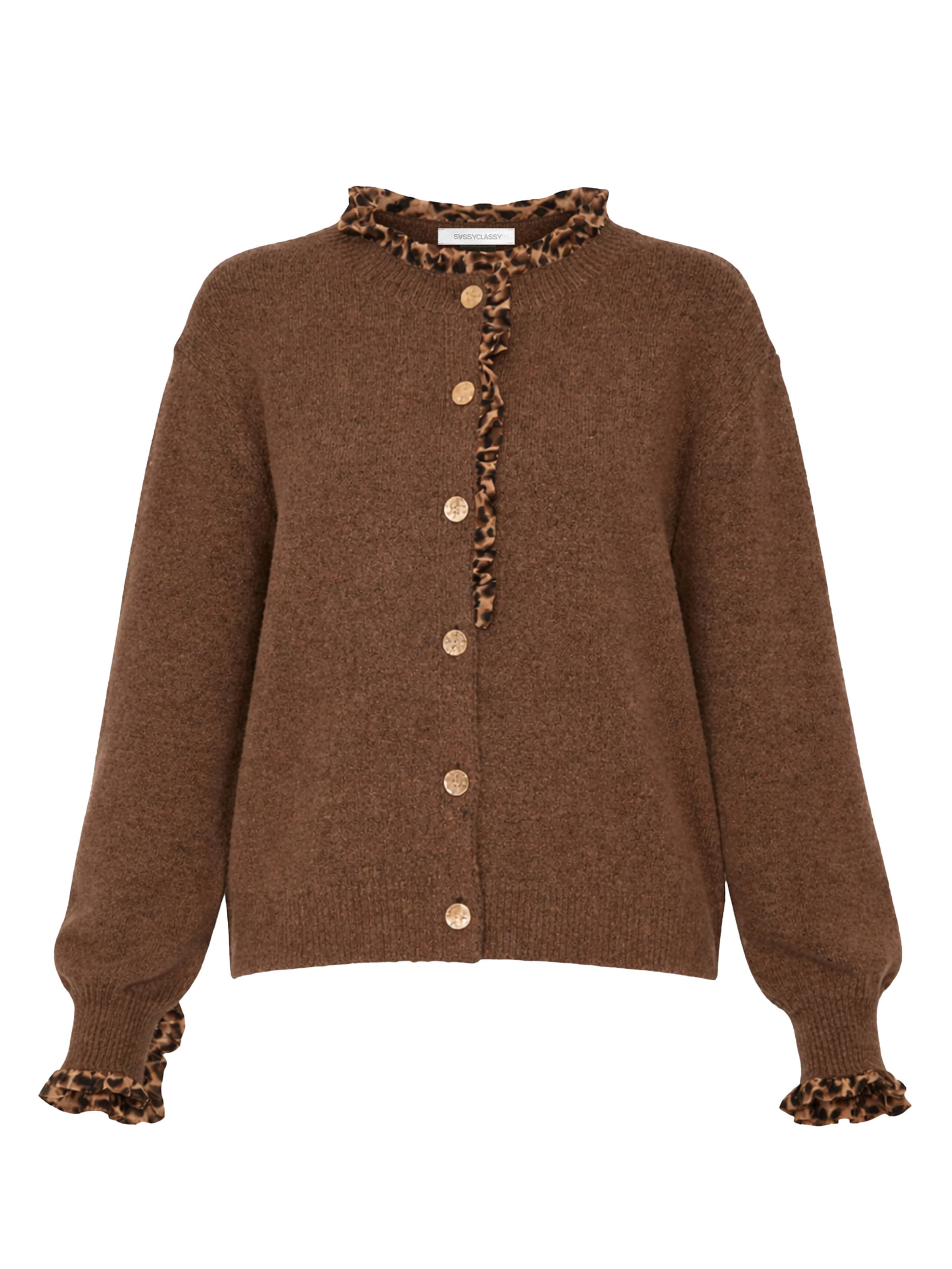 SASSYCLASSY Knit Cardigan in Brown: front