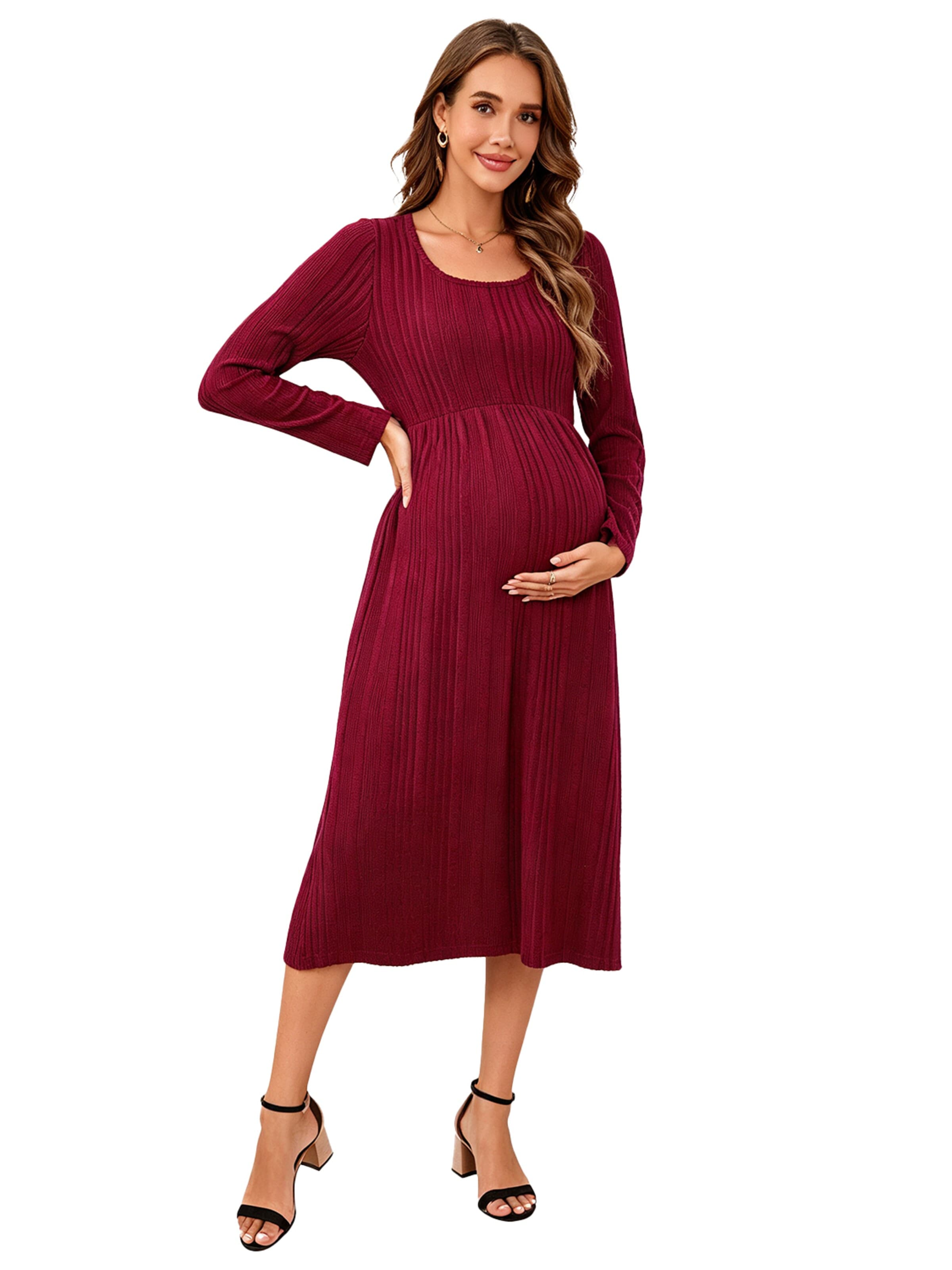 KoJooin Sukienka z dzianiny 'Damen Umstands-Strickkleid mit U-Ausschnitt,langen Ärmeln und Rüschensaum,Midi-Kleid für Babyshower' w kolorze czerwony