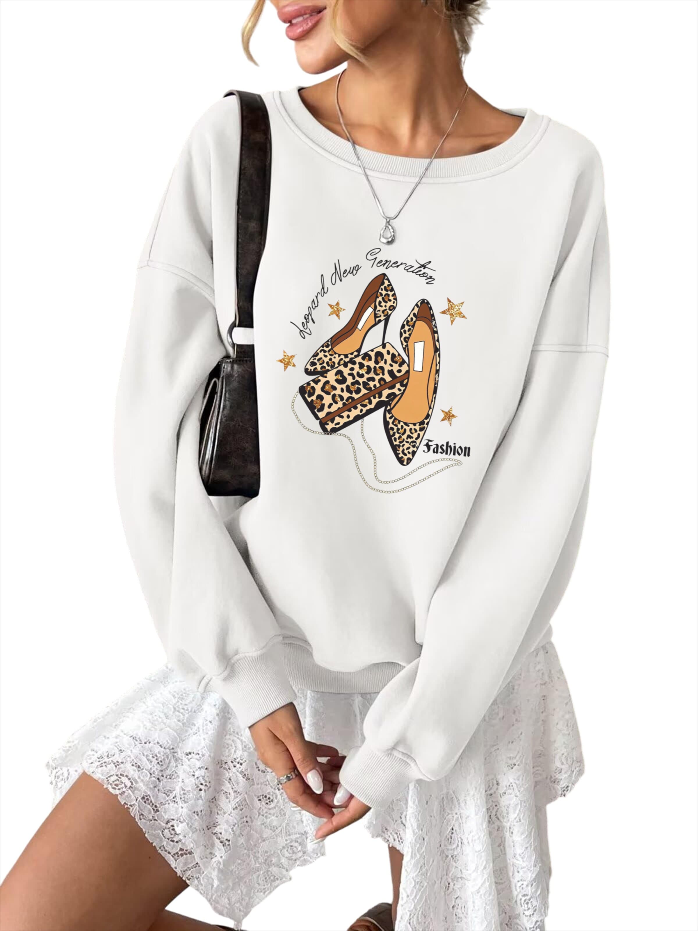 GORHEY - Sudadera 'Women's Crew Neck Oversized Sweatshirt with Leopard Print' en blanco: frente