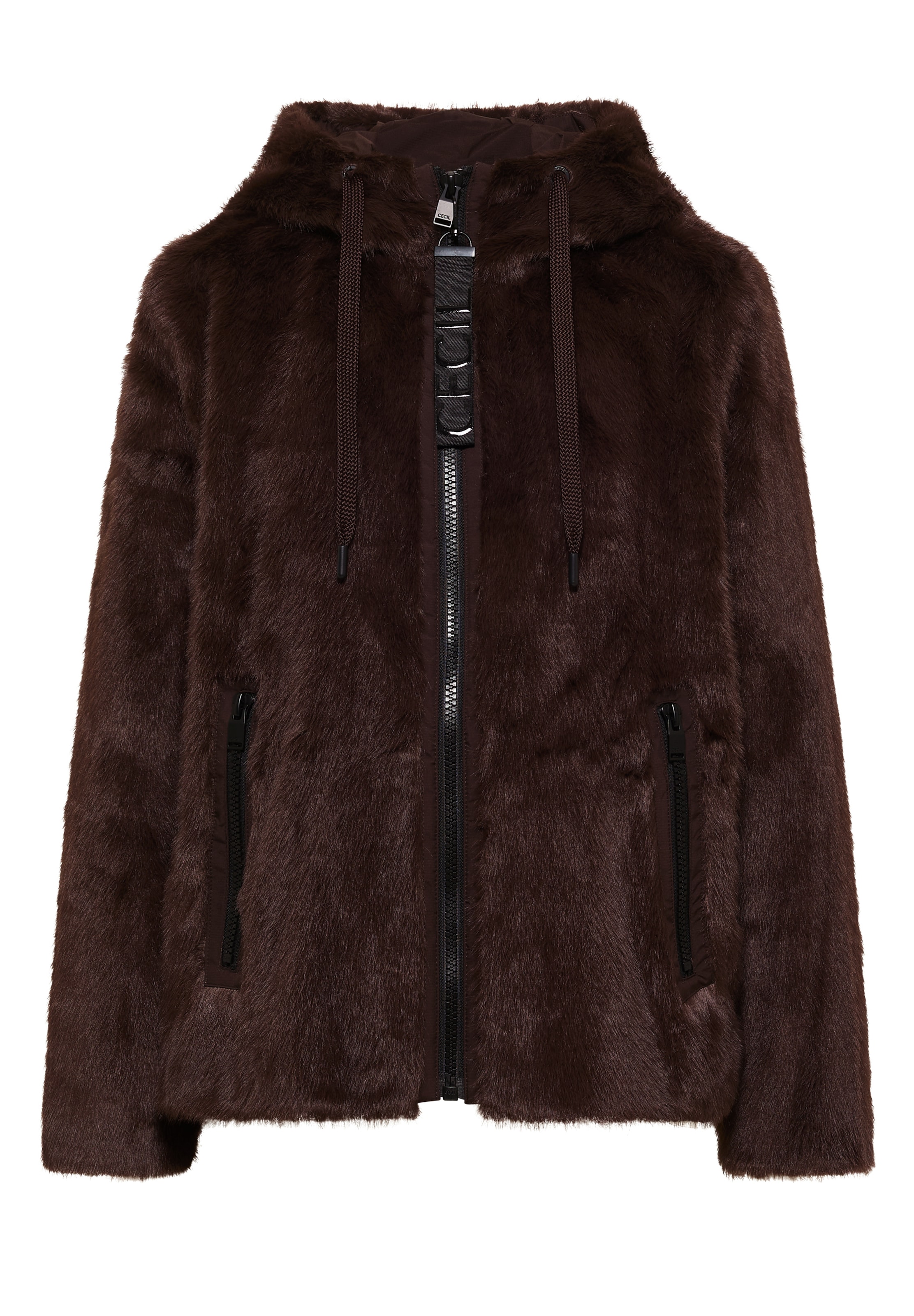 CECIL Fake Fur Jacke mit Softshelldetails in Braun: Vorderseite